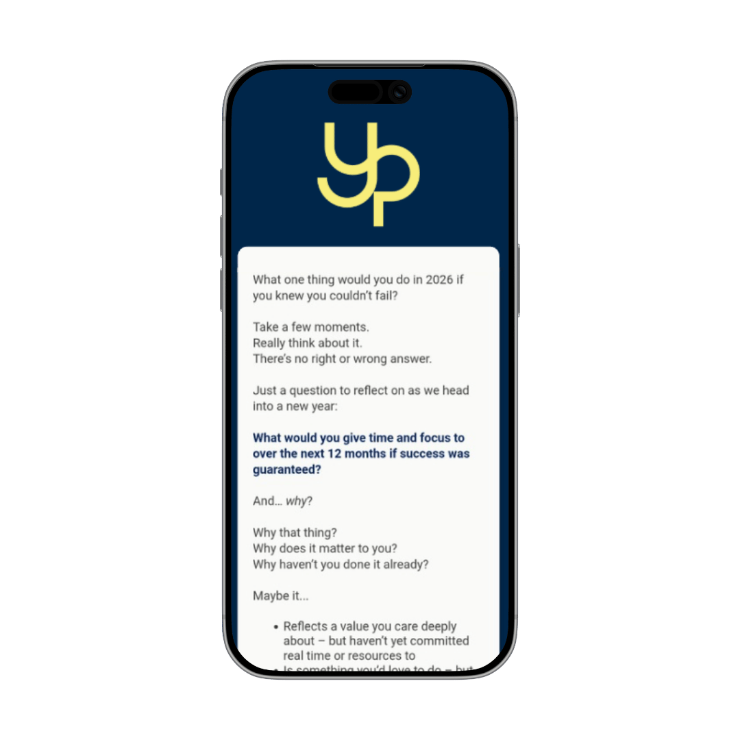 Phone with an example email displaying text that reads what one thing would you do in 2026 if you knew you couldn't fail?