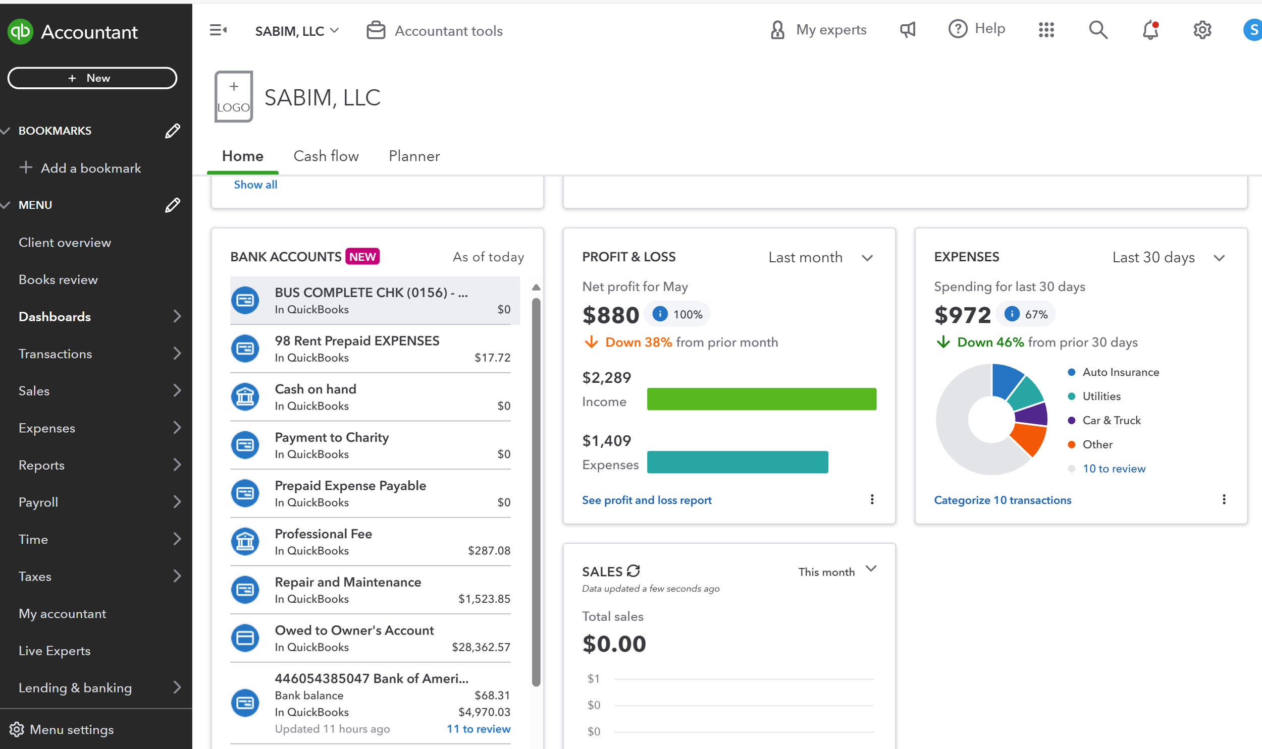 Screenshot of a QuickBooks online accounting dashboard showing bank accounts, profit and loss, expenses, sales, and other financial information for SABIM, LLC.