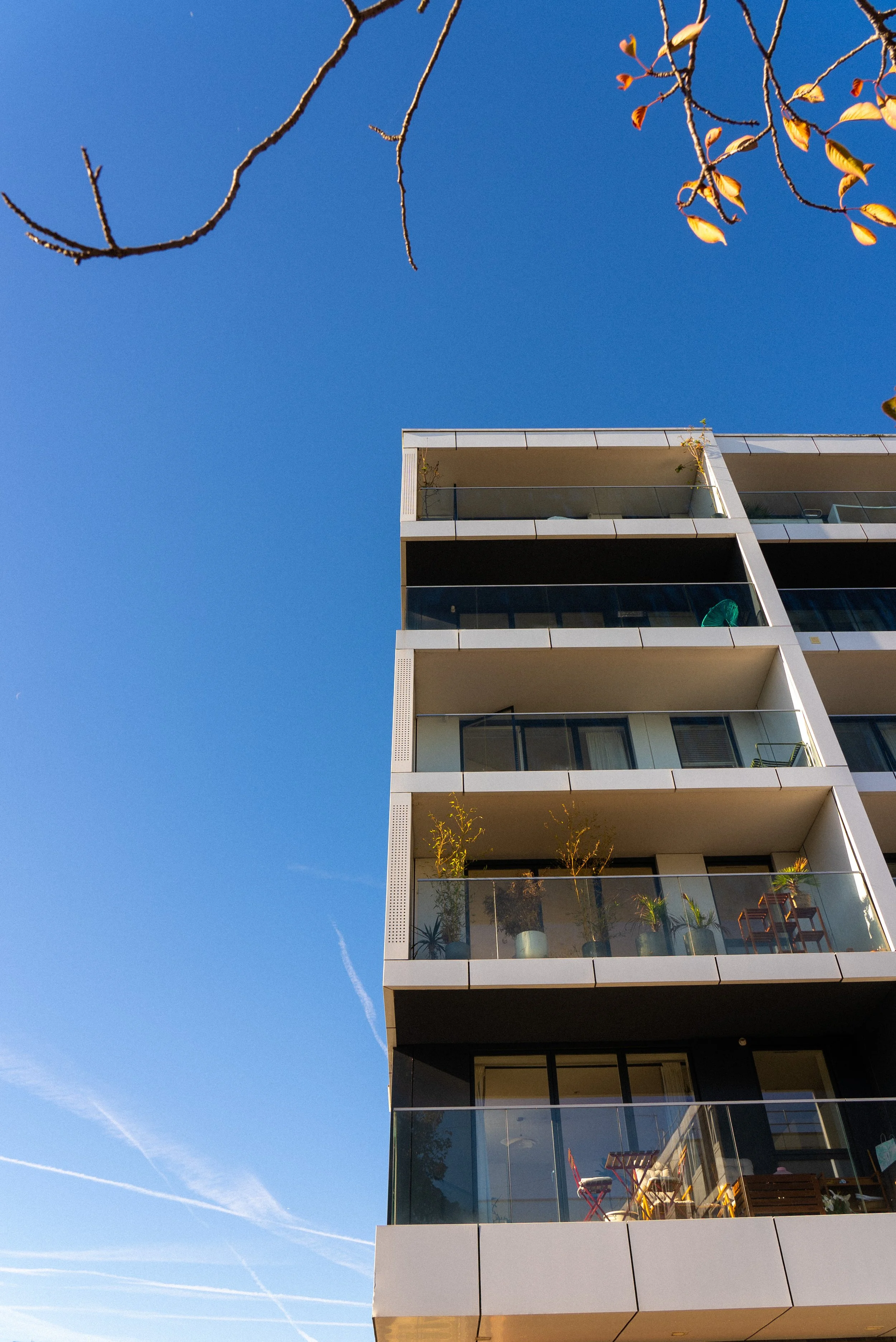 Tall modern apartment building with balconies and glass railings against a clear blue sky. Some balconies have potted plants and outdoor furniture.
