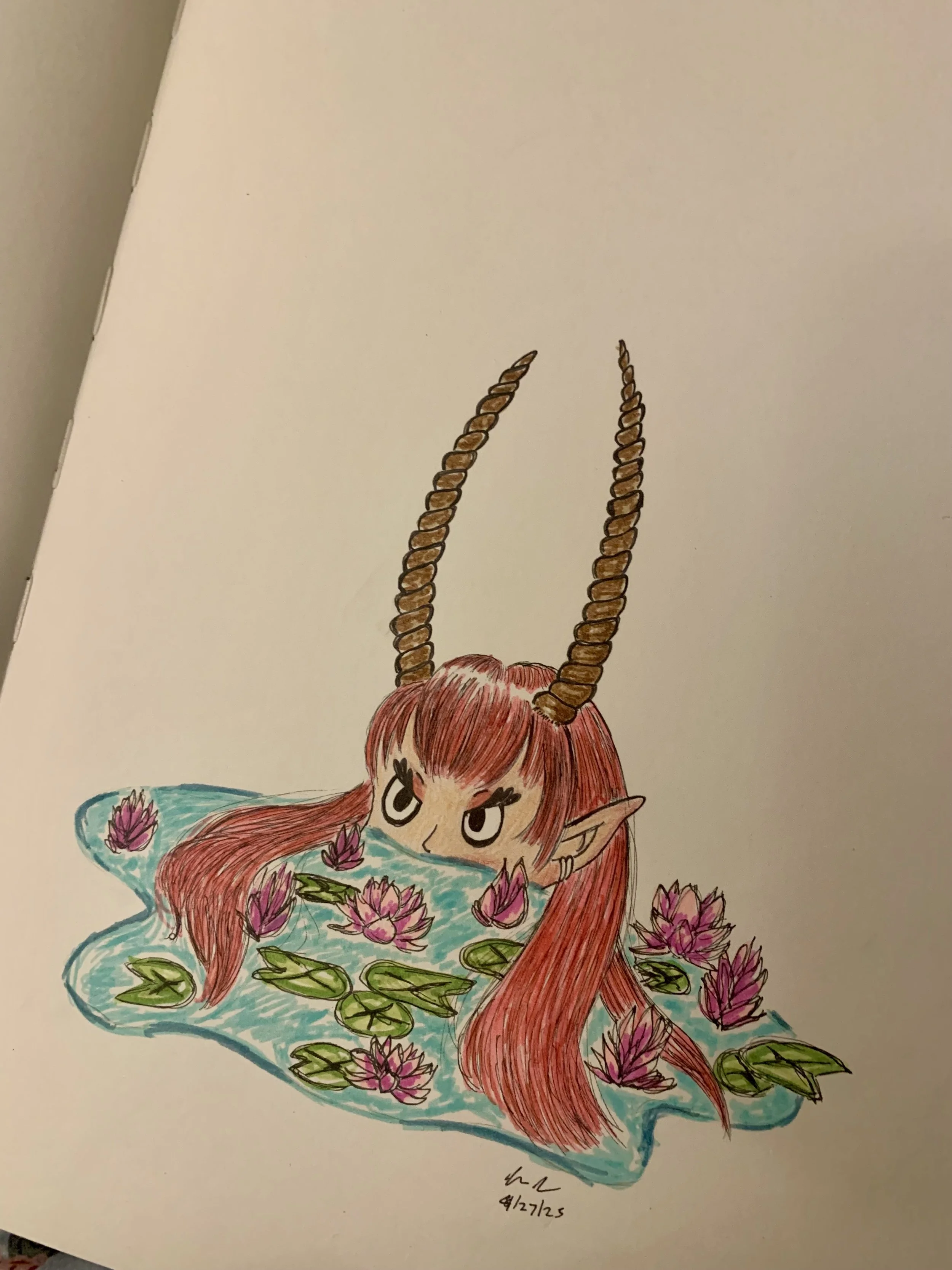 Ink, highlighter, and colored pencil piece depicting a horned woman in water.