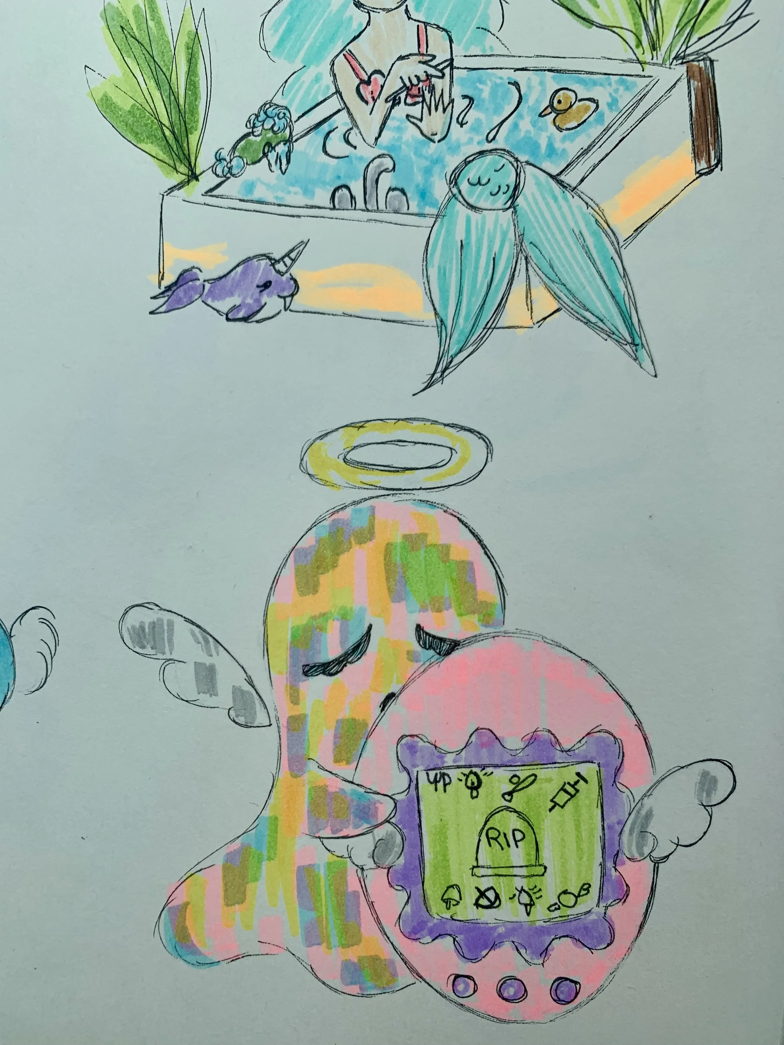 Ink and highlighter piece depicting a ghost holding a Tamagotchi.