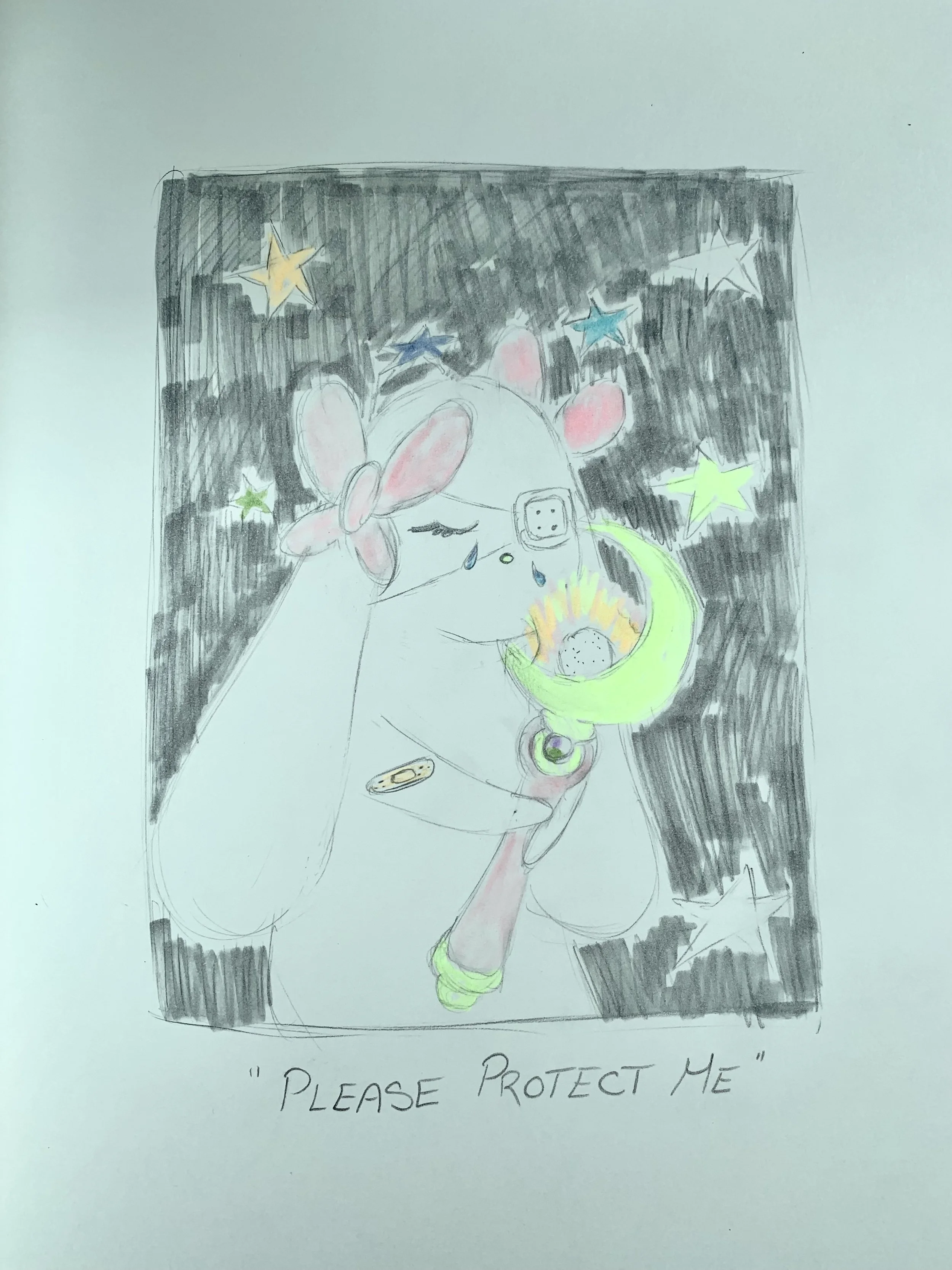 Pencil and highlighter piece showing a bunny holding the crescent moon wand from Sailor Moon.