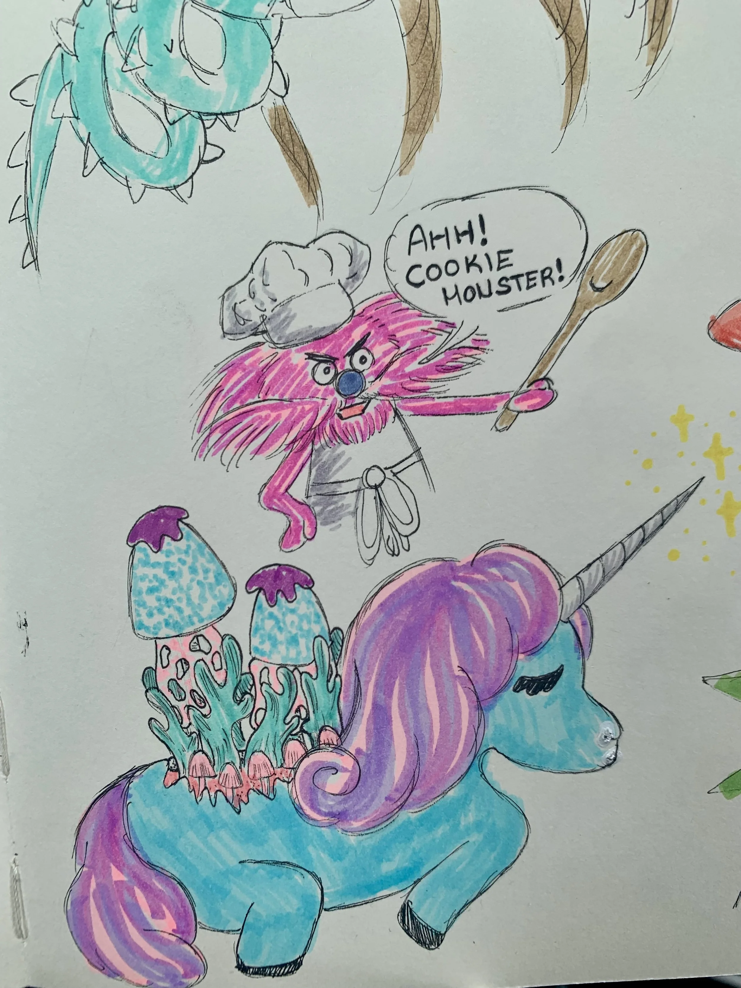 Chef Gonger and a Unicorn with mushrooms growing from its back.