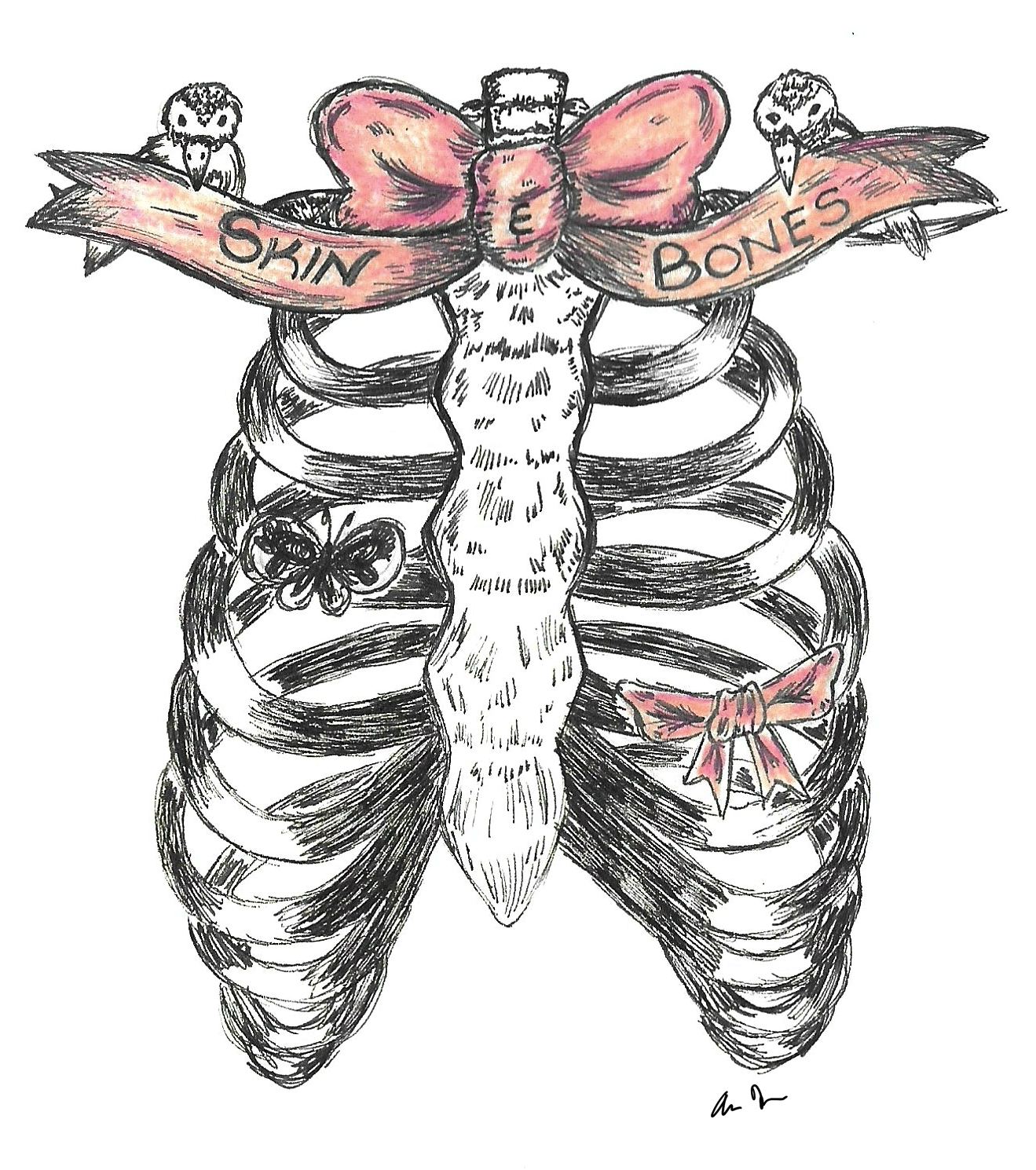 "Skin and Bones" is an ink piece depicting a ribcage and ribbon.
