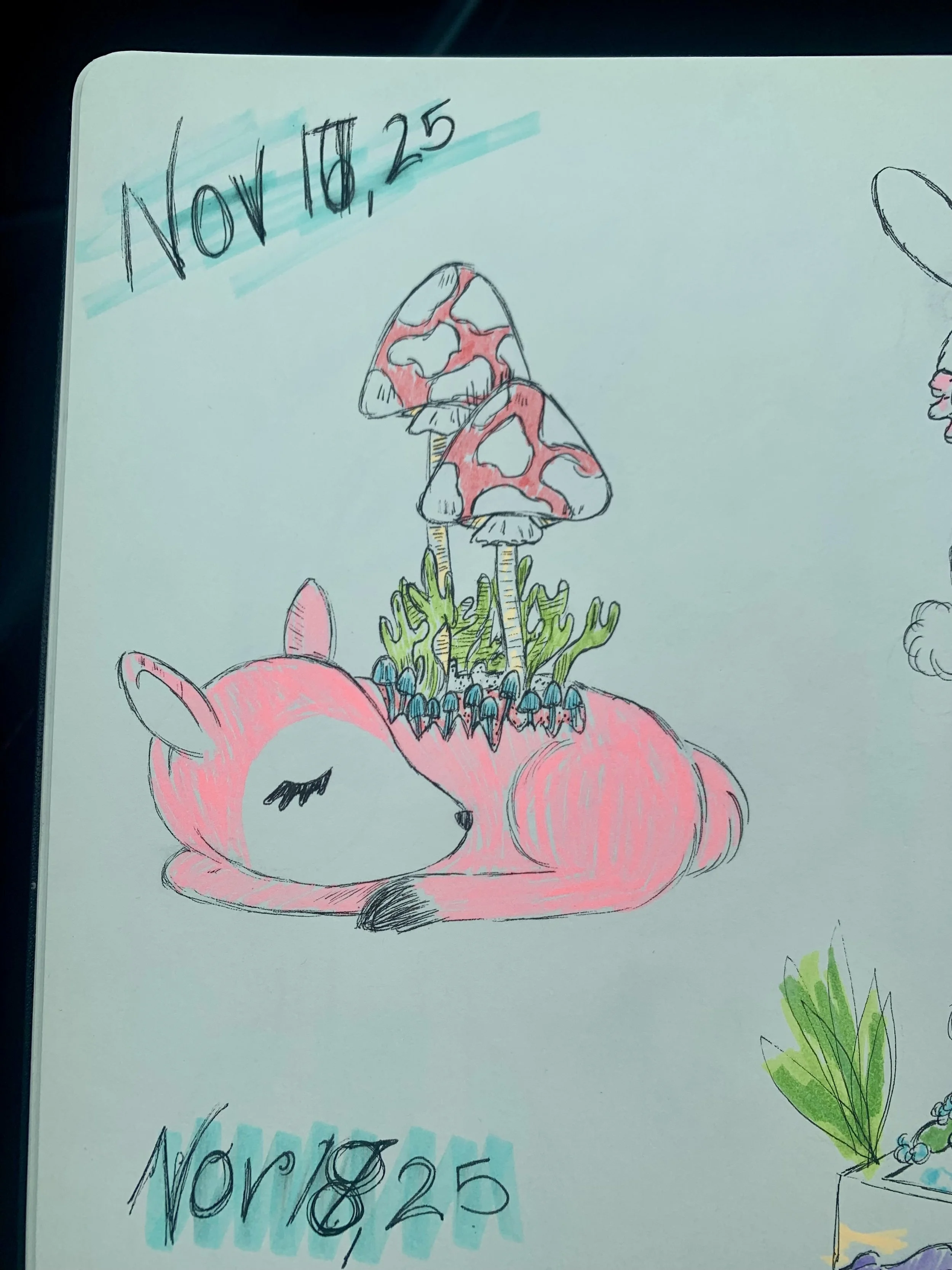 Ink drawing of a pink deer with mushrooms growing out of it.