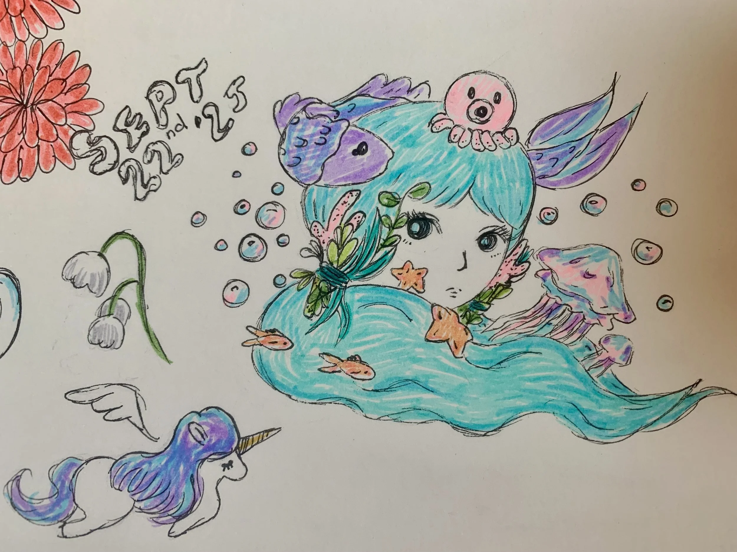 Ink and highlighter piece depicting the ocean in her hair.