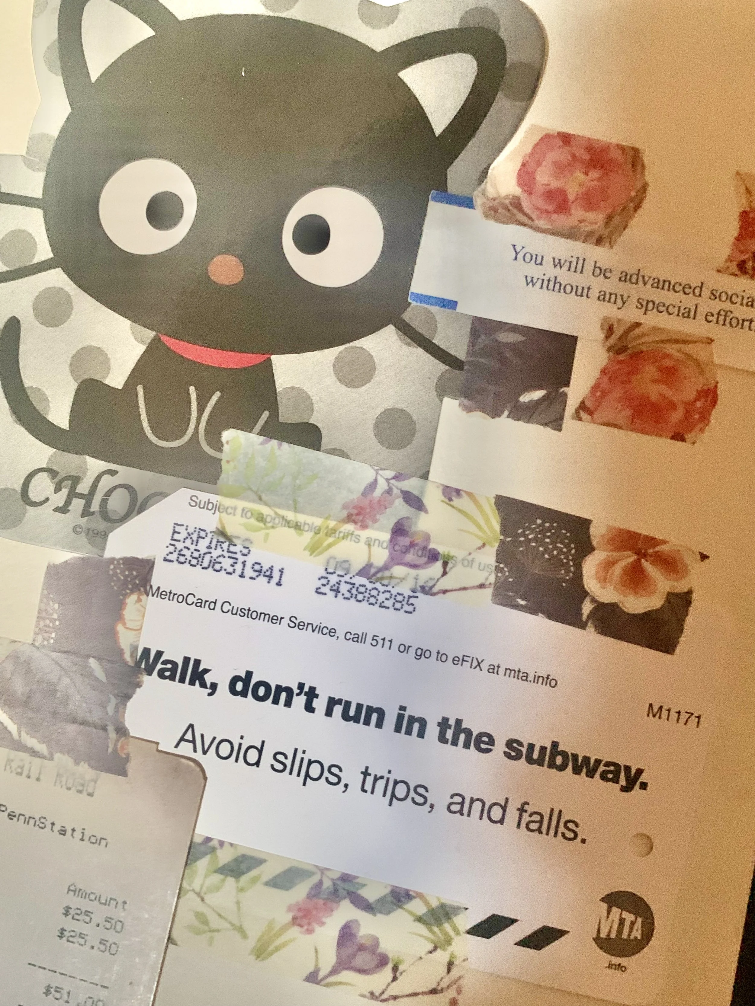 Chococat, fortune cookie fortune, metro card.
