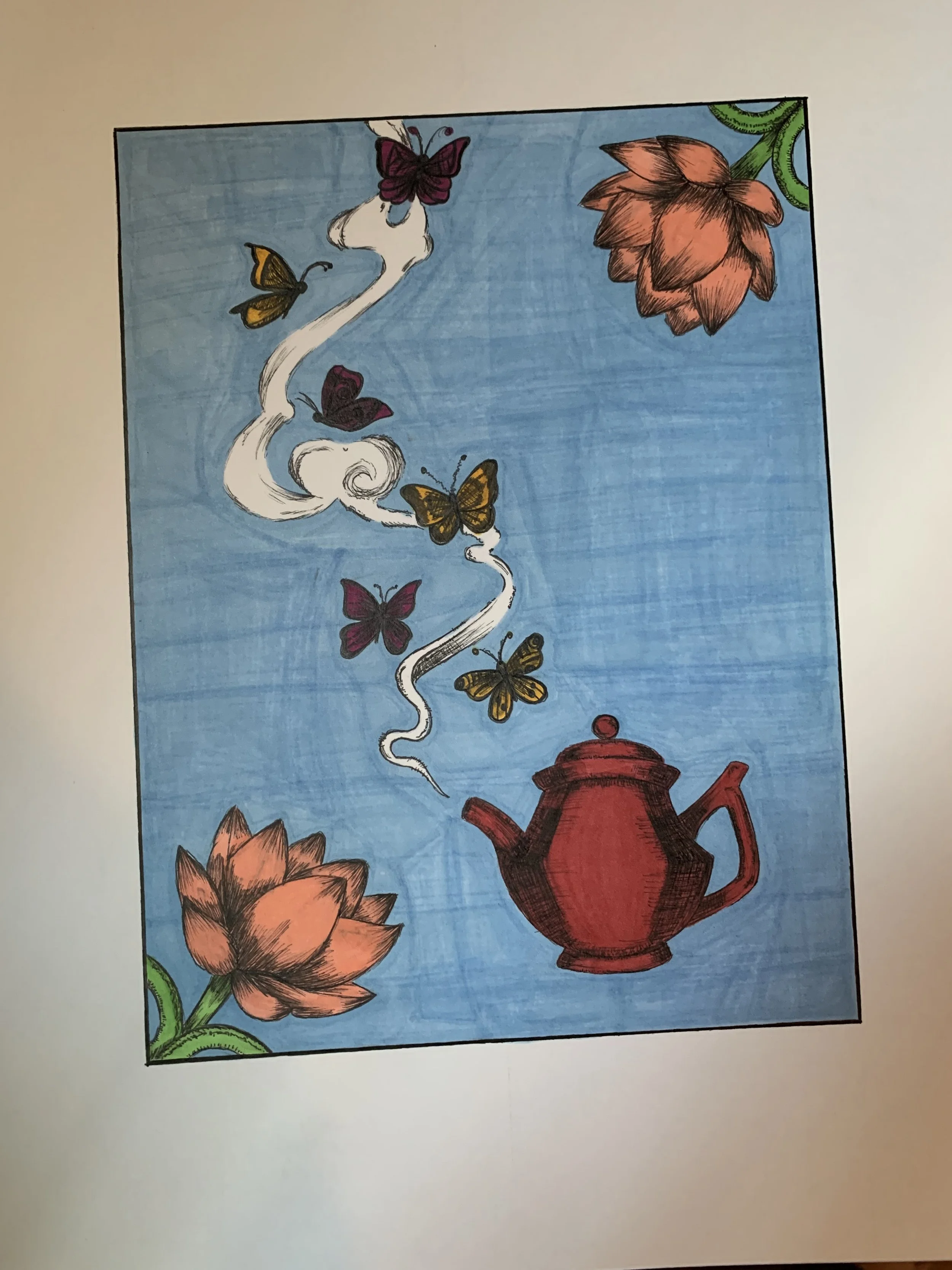 Tea and butterflies in steam. Gift for a bride.