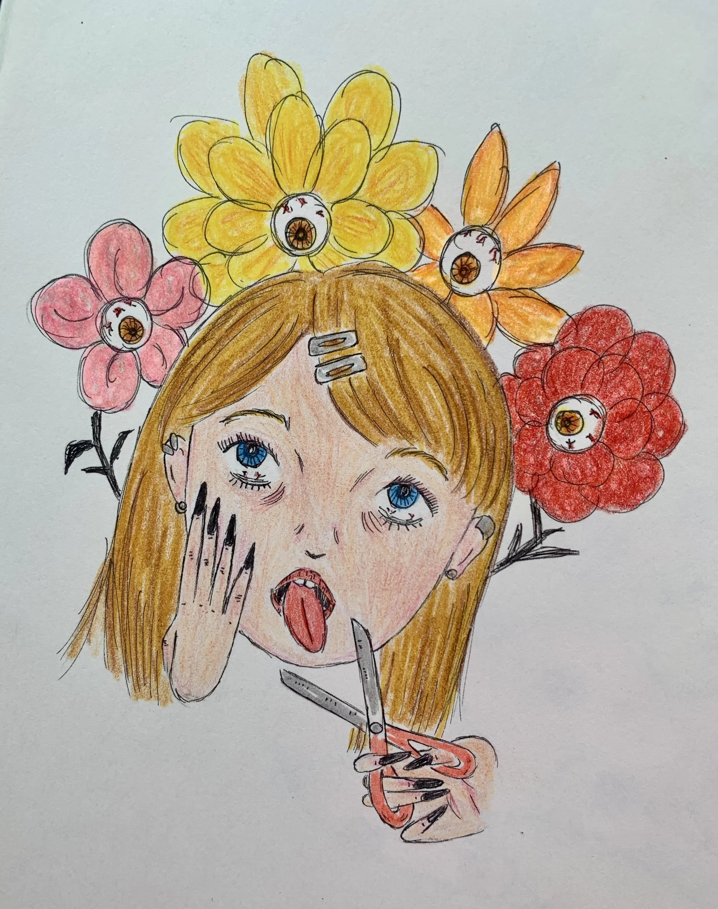 Ink, highlighter, and colored pencil piece depicting intrusive thoughts.