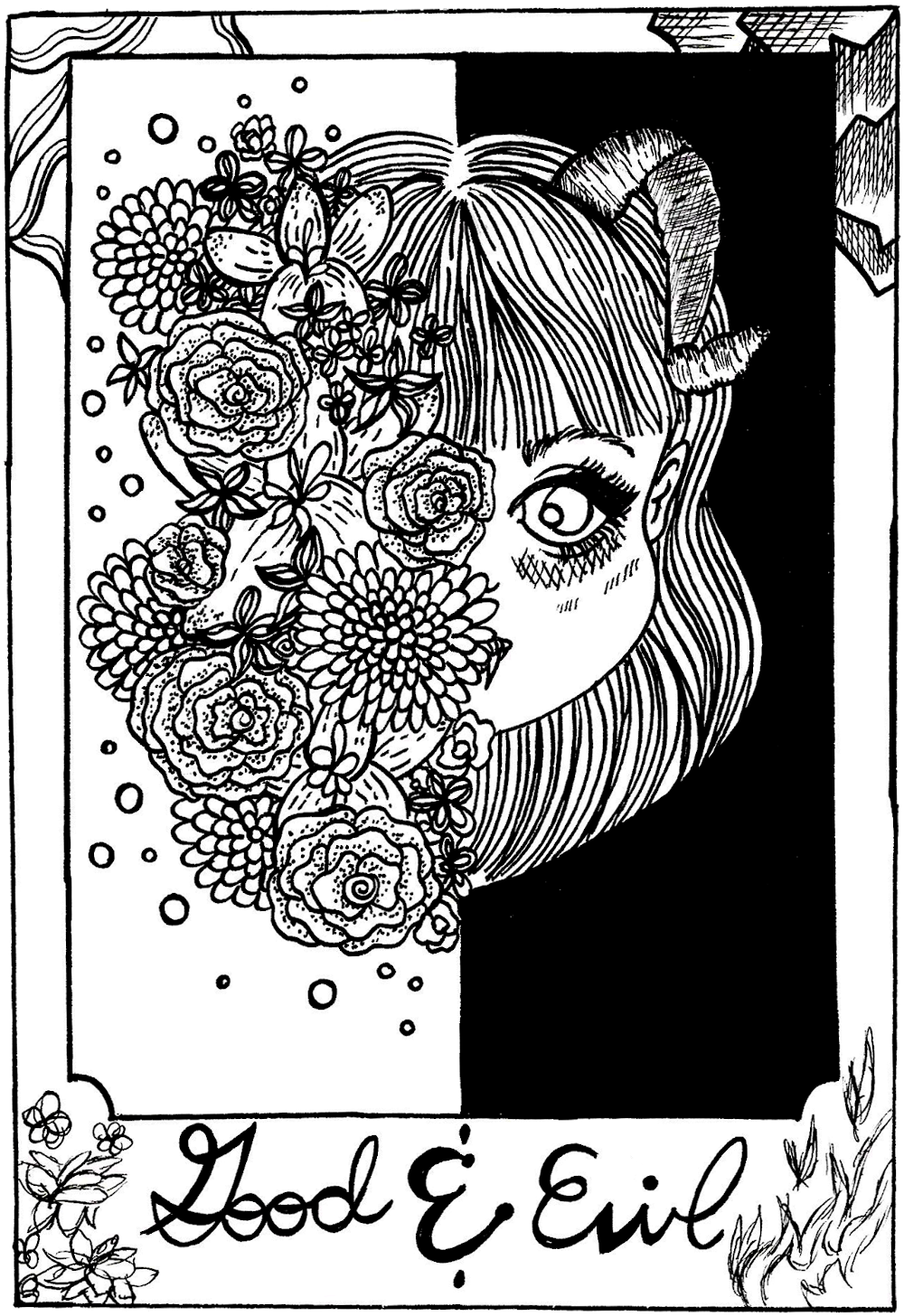 Ink illustration depicting Good & Evil. 