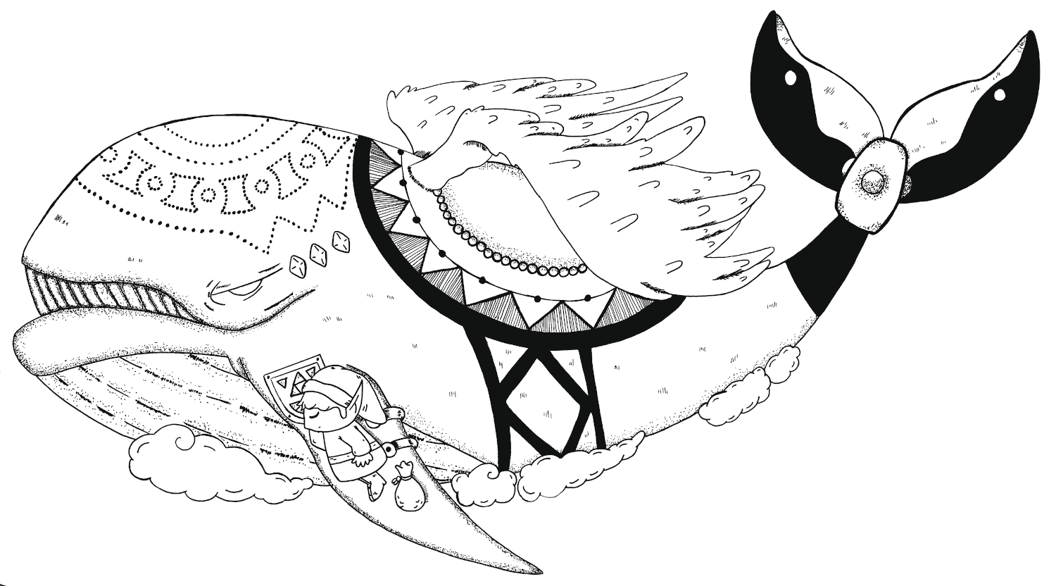 Ink illustration of the Windfish from Legend of Zelda: Link's Awakening.