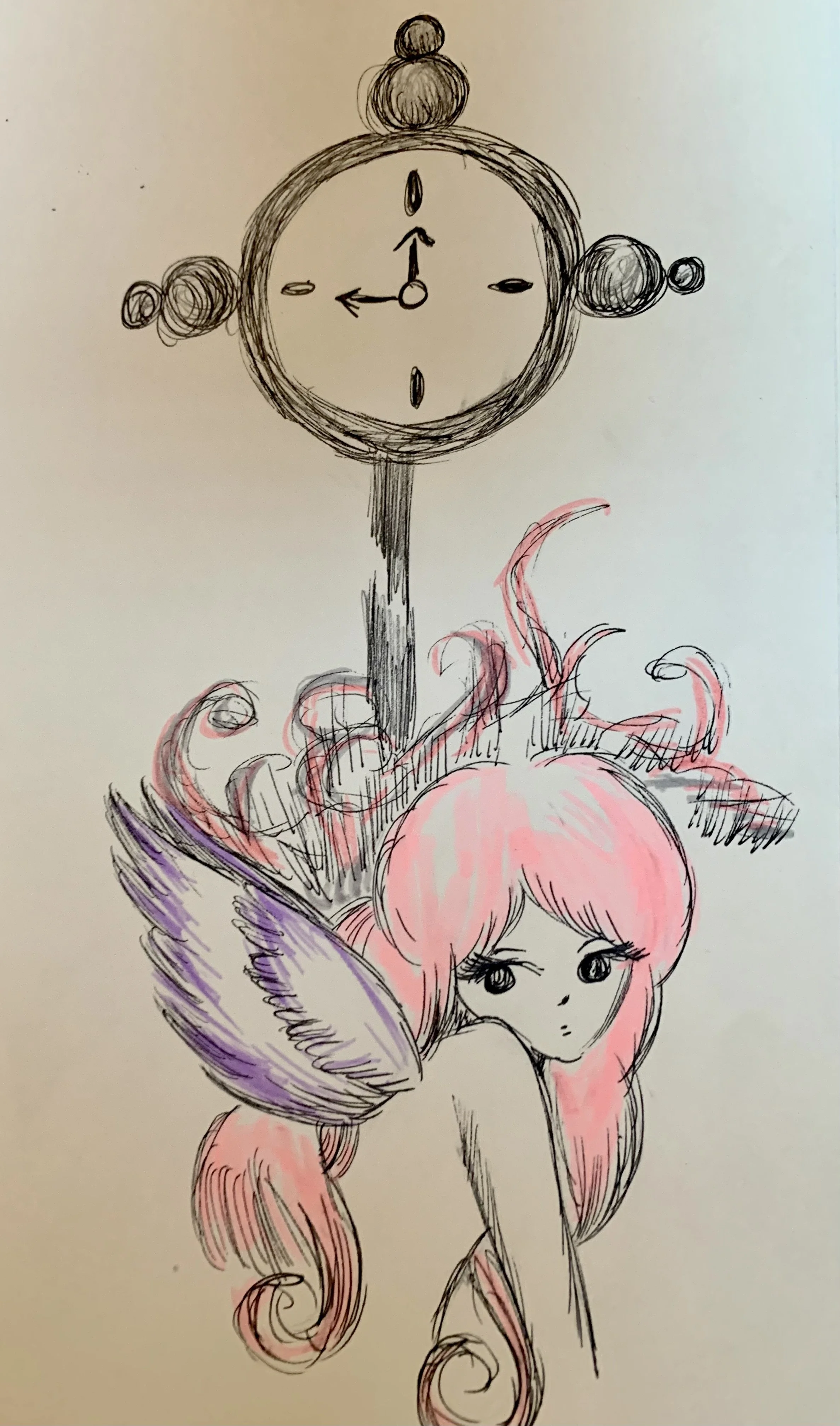 Ink drawing of an angel with a clock. Colored with highlighters.