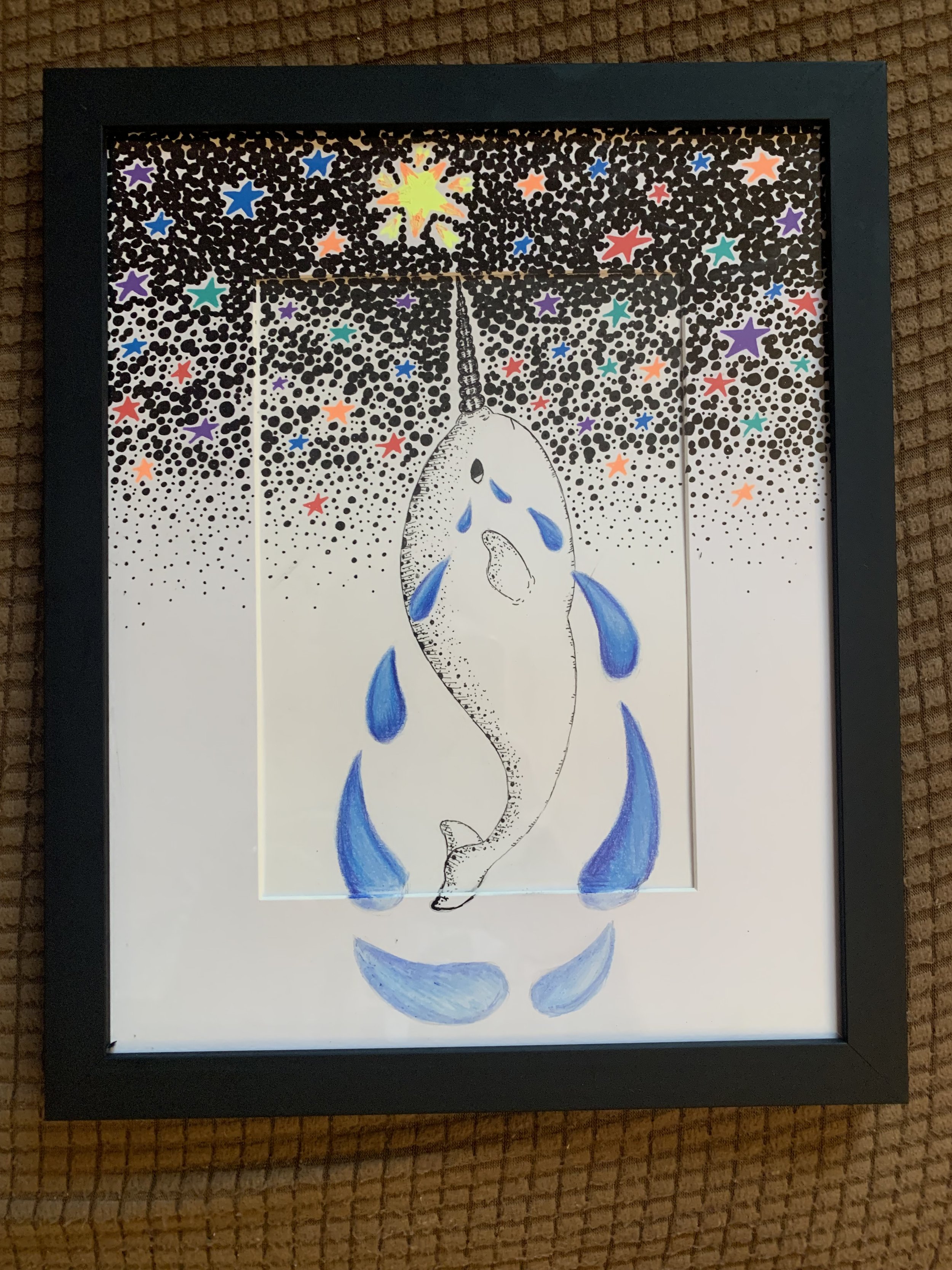 Reaching for the Stars. An art piece depicting a narwhal reaching for the stars. Created with ink and colored pencils.