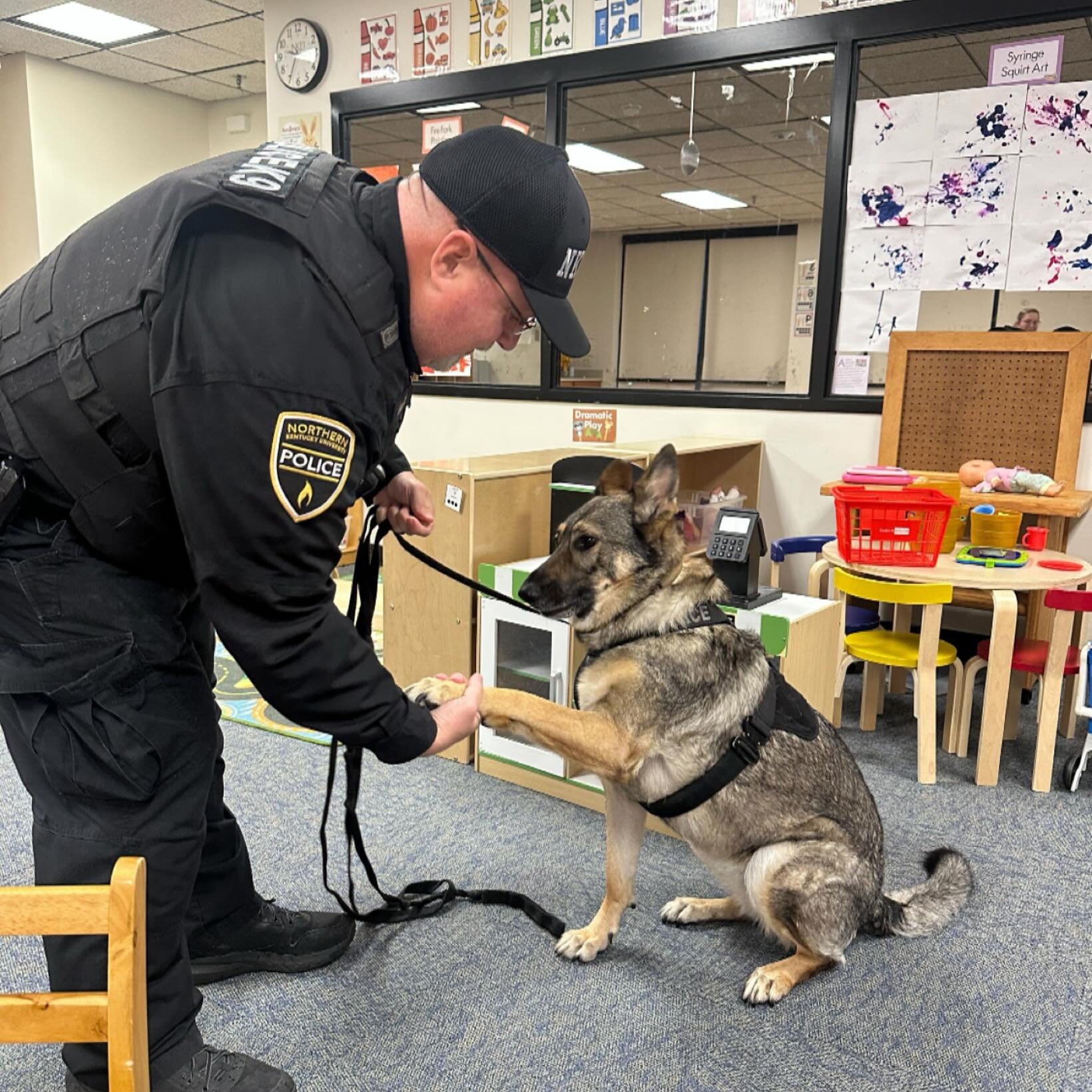We had a very special visitor this morning&hellip; Officer John and his partner, Athena, joined us to spend time with our students! K9 Athena is a German Shepard and she is trained in therapy and explosive detection. She serves the NKU campus and Gre