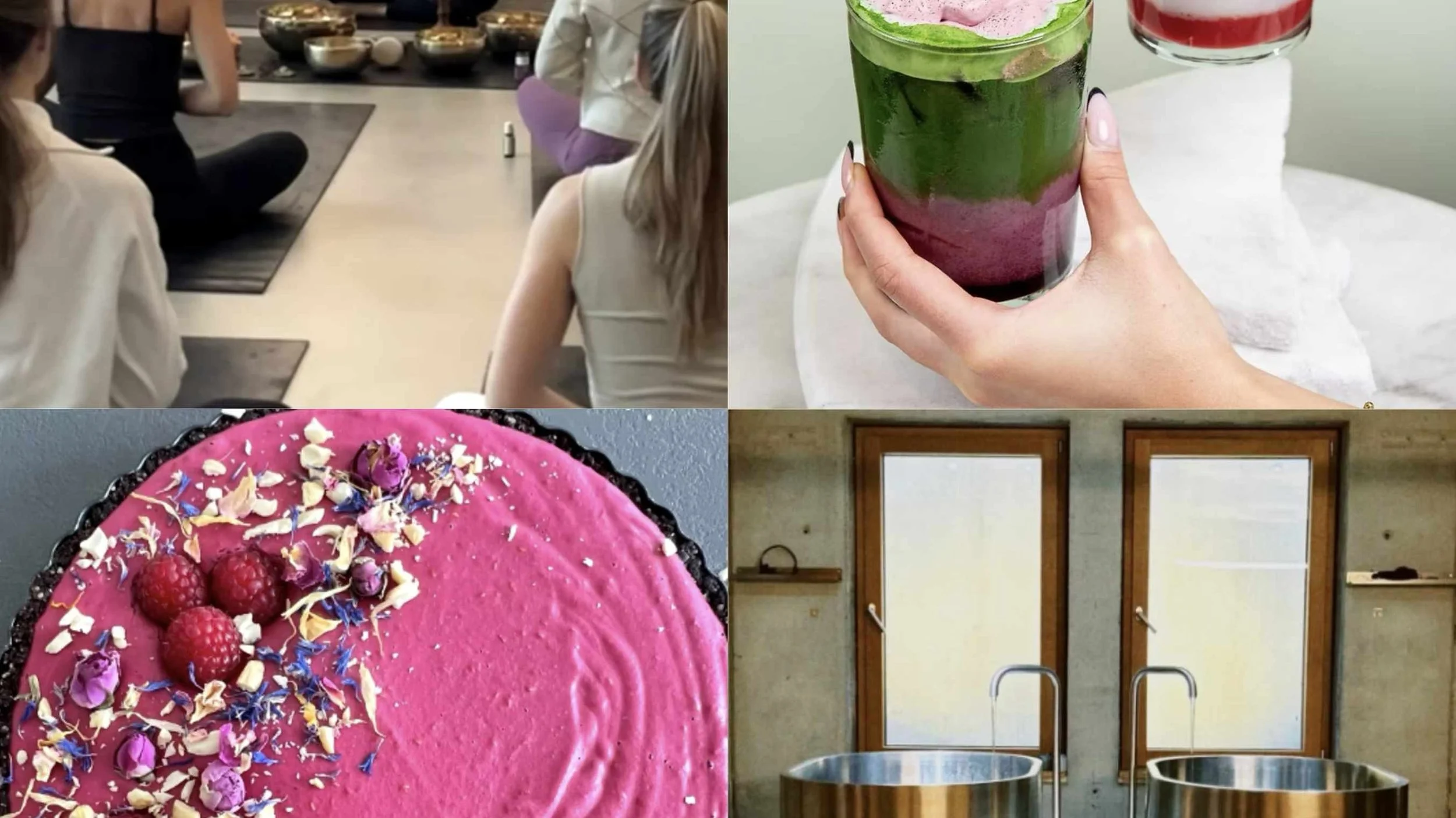 Vier Bilder. Das erste Bild zeigt eine Gruppe von Menschen, die in einer Yogastunde sitzen. Das zweite Bild zeigt eine Hand, die ein farbiges, schichtweise dekoriertes Getränk hält. Das dritte Bild zeigt eine pinke Torte mit Beeren und Blumen als Dekoration. Das vierte Bild zeigt drei große Wasserbecken vor zwei Fenstern.