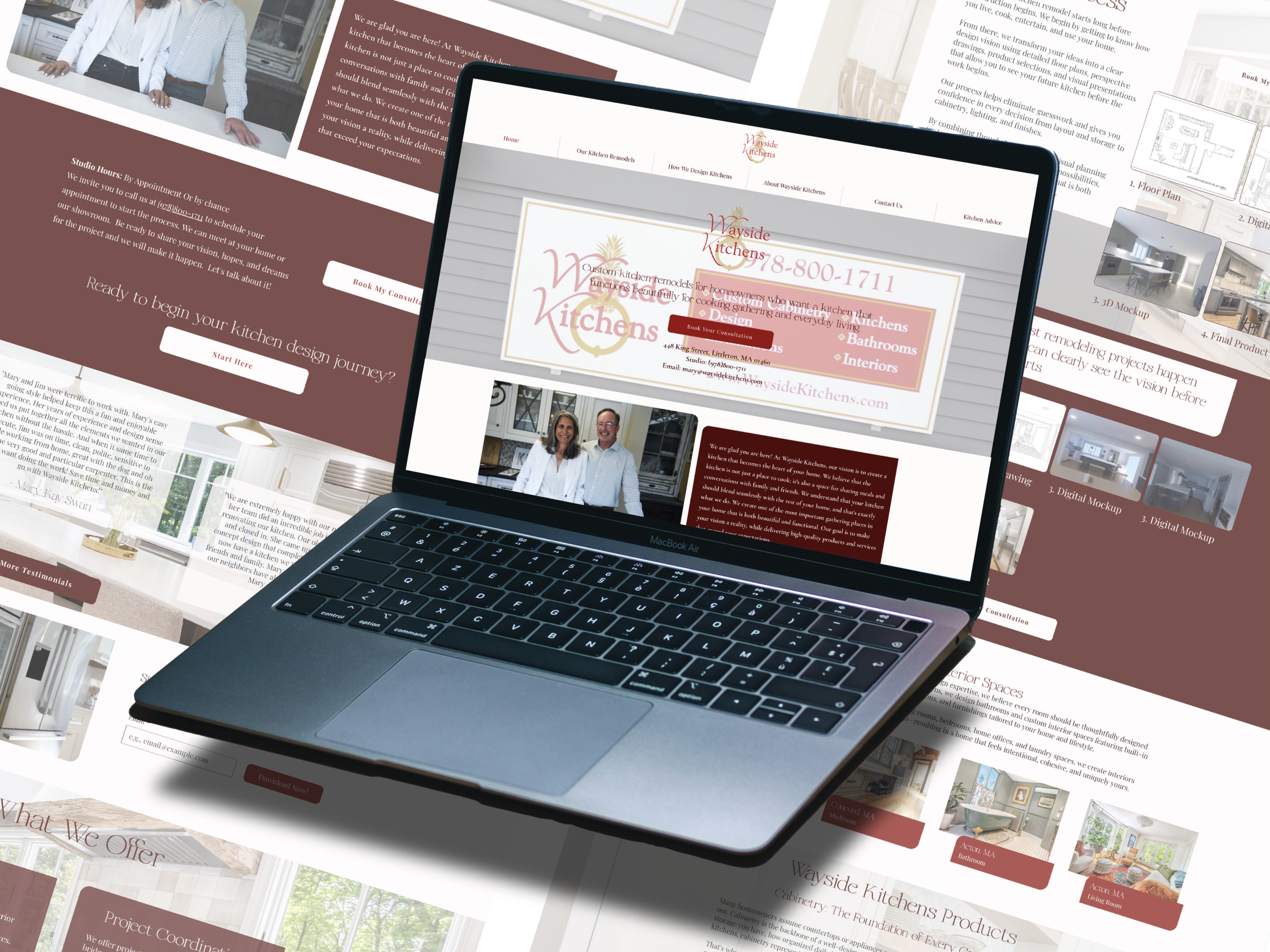 Wayside Kitchens website redesign is shown on a laptop screen, which is open and seems to be floating above the background, which is the layout of the website pages.
