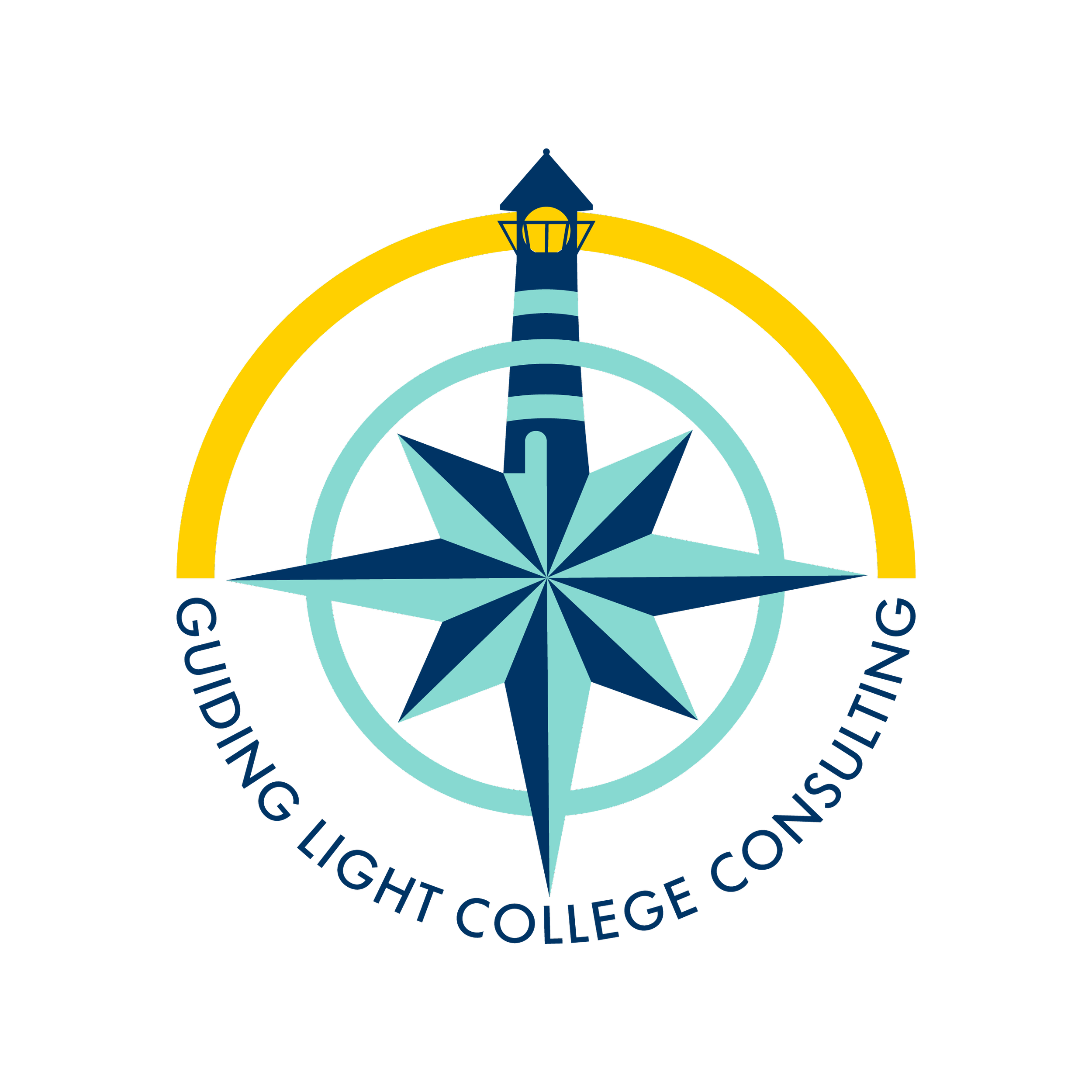 Guiding Light College Consulting Logo, with a lighthouse positioned on top of a compass, the beam of light forming the outer edge of the compass. This logo is for a college consultant out of Lexington MA