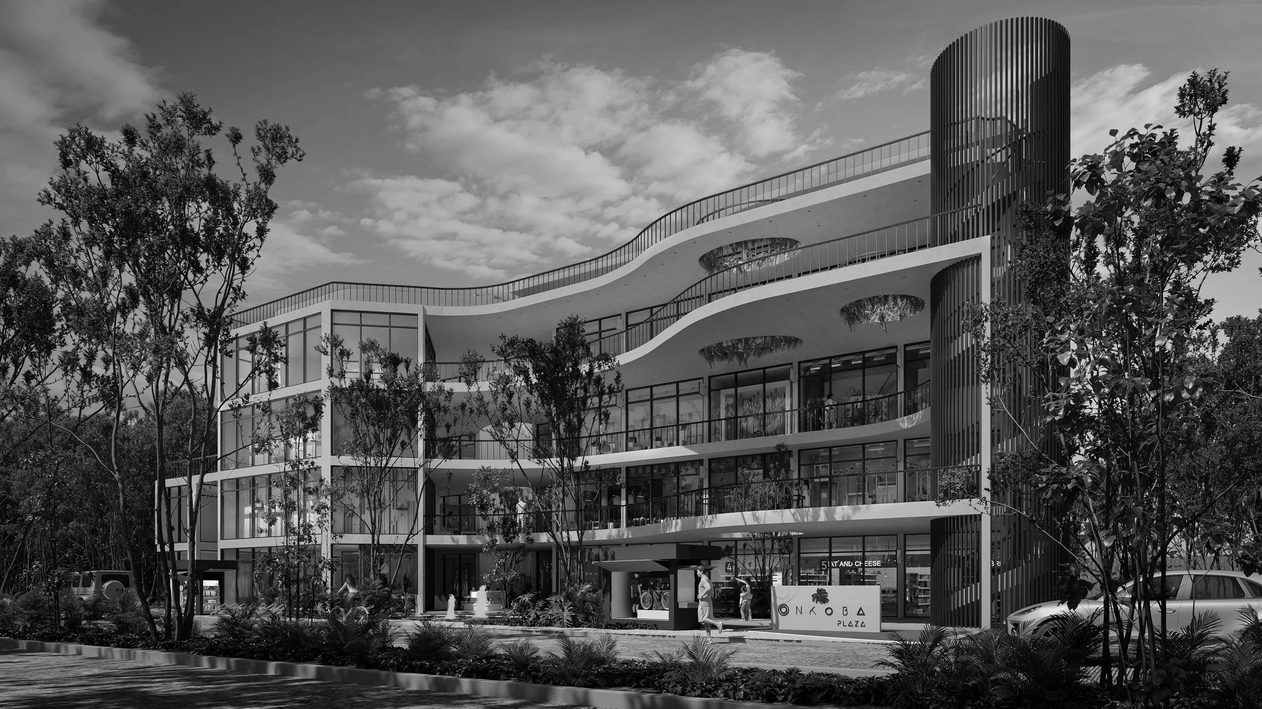 Proyección arquitectónica de Plaza Onkoba, centro comercial en desarrollo en la Riviera Maya.