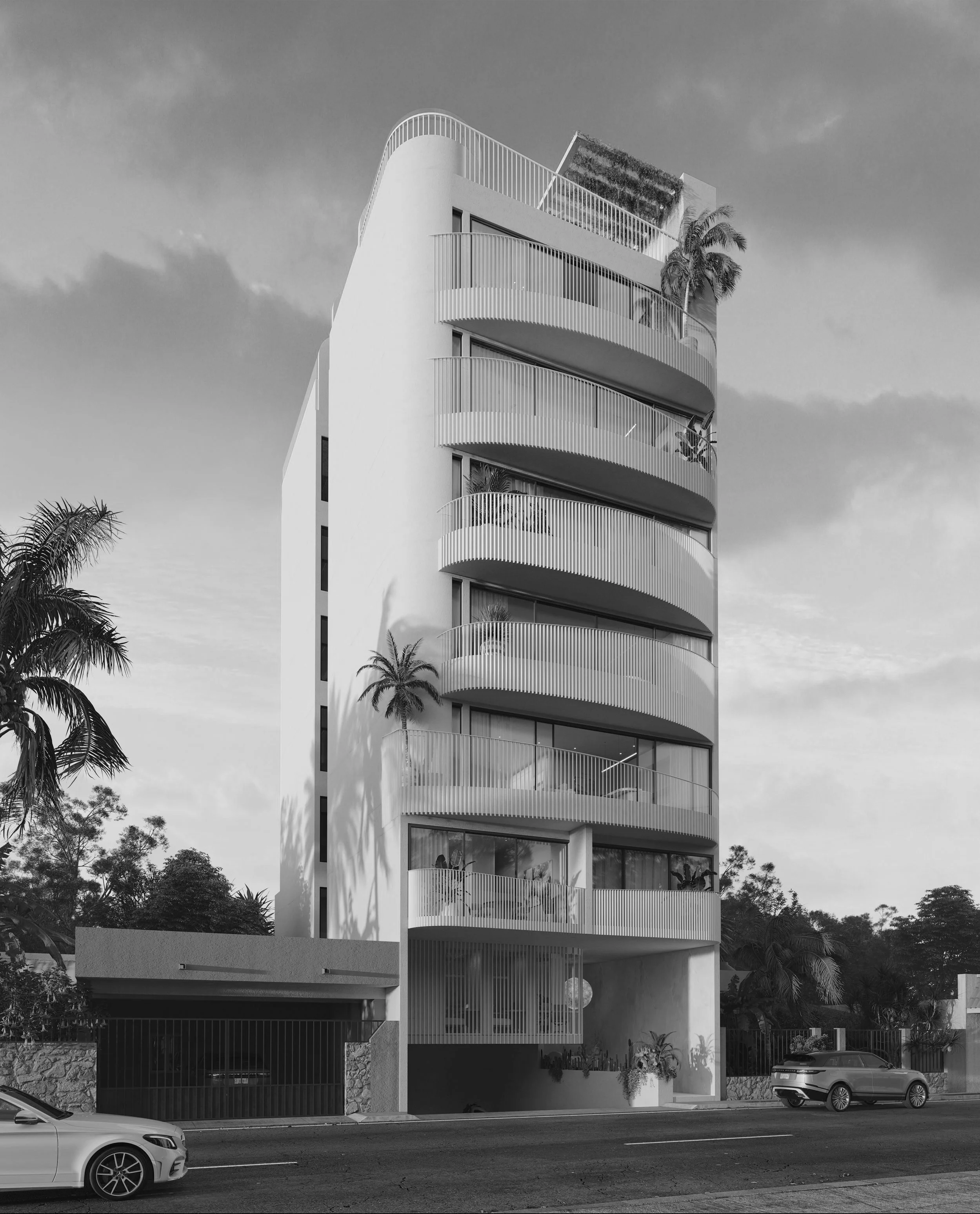 Diseño arquitectónico de Luna Residences, un edificio en construcción con 16 departamentos en Playa del Carmen.