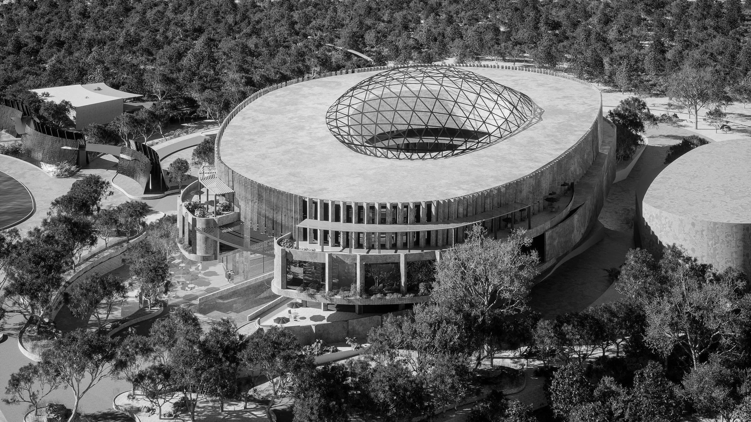 Imagen aérea de Plaza Luzia, un complejo con 51 locales comerciales y oficinas en un entorno contemporáneo en la Riviera Maya.