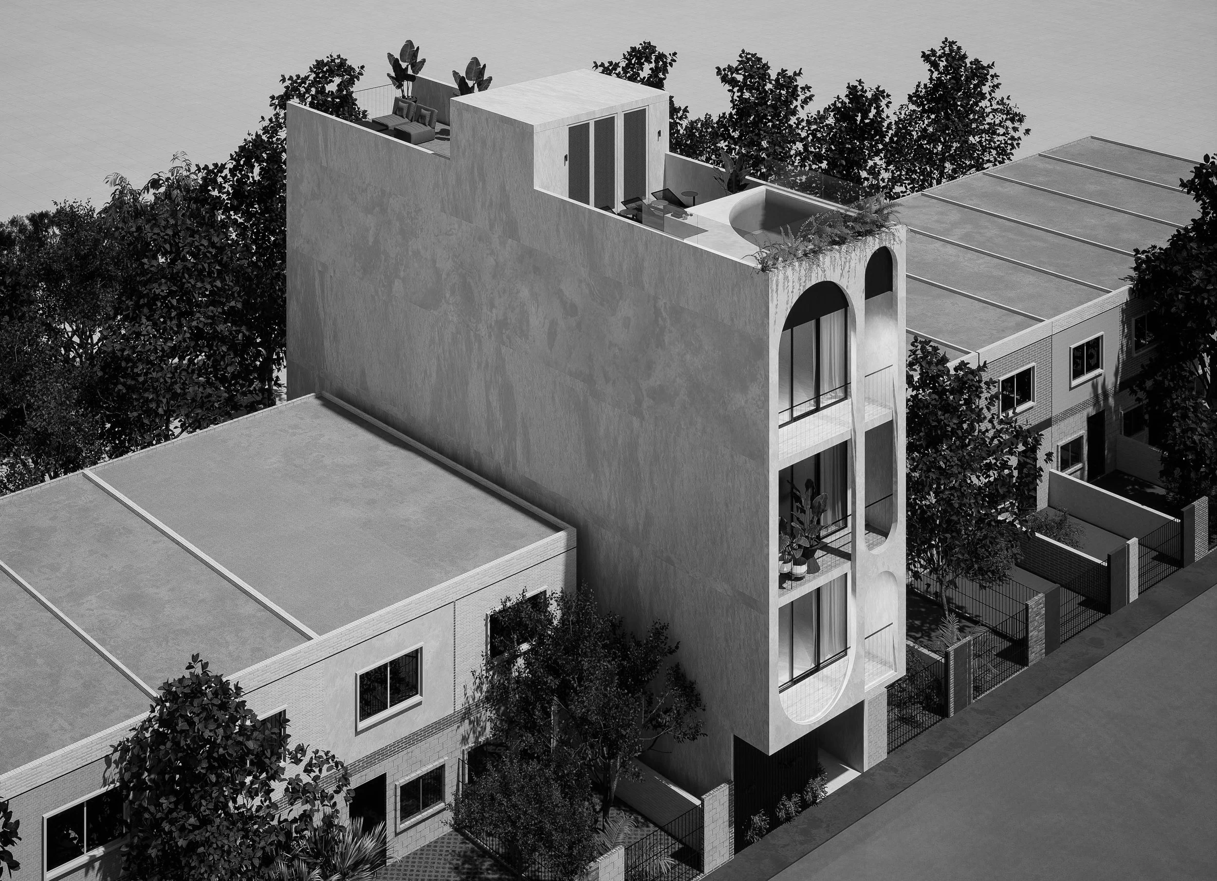 Render de Adeena, un desarrollo con 8 departamentos, centrado en diseño y conceptualización moderna.