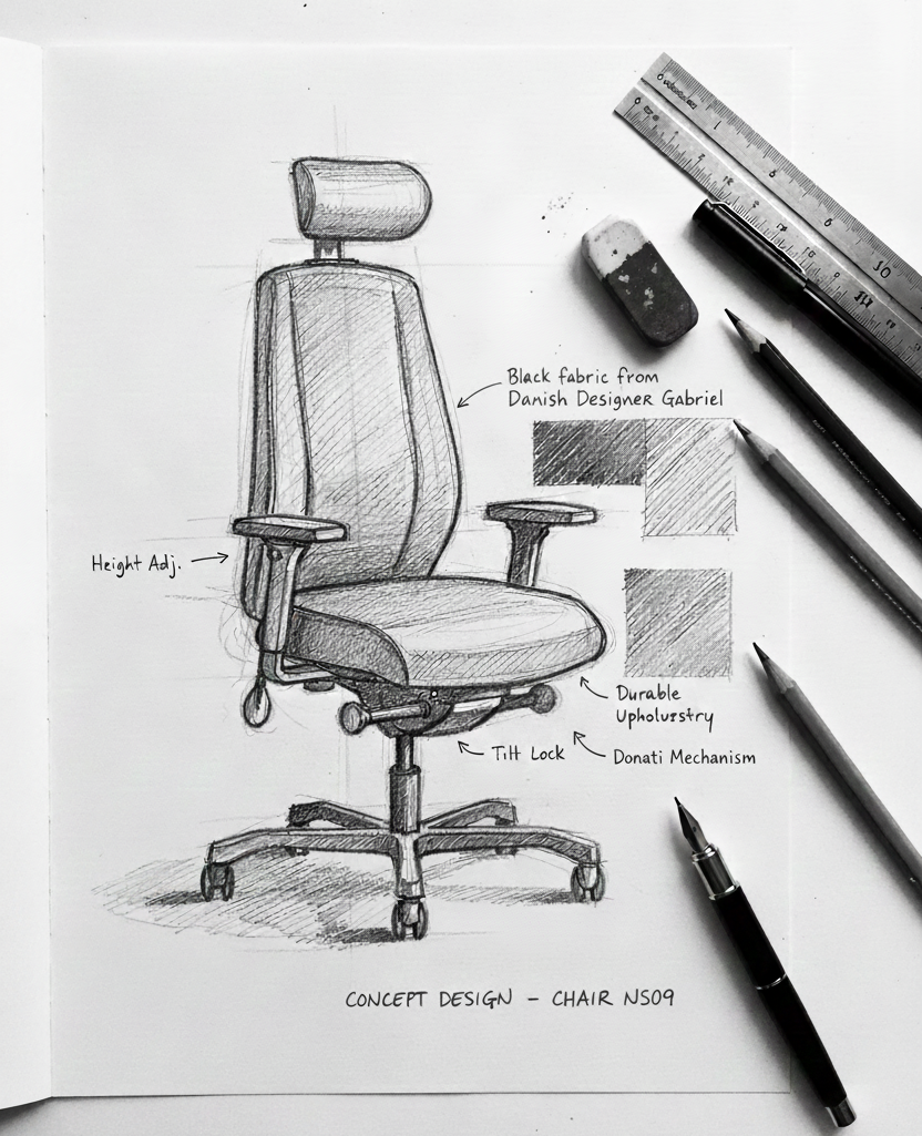 Skiss av en ergonomisk kontorsstol med anteckningar om designfunktioner, inklusive justerbar höjd, hållbar klädsel, svart tyg från dansk designer, och mekanismer för lutning.