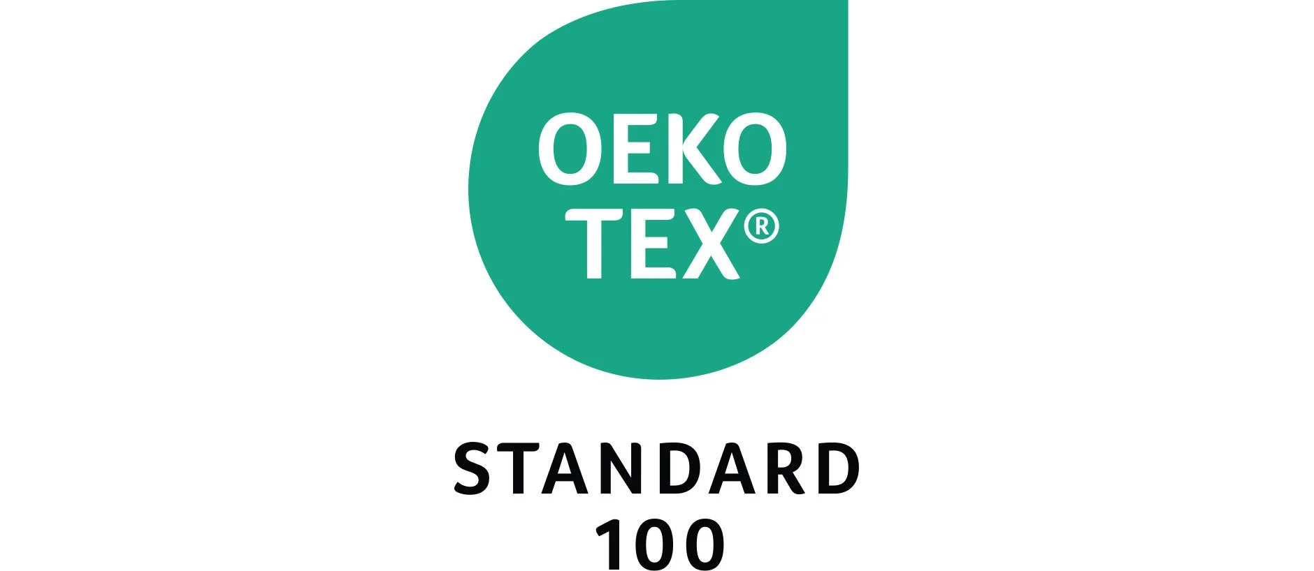 Oeko-Tex standard 100 etikett i grönt med vit text.