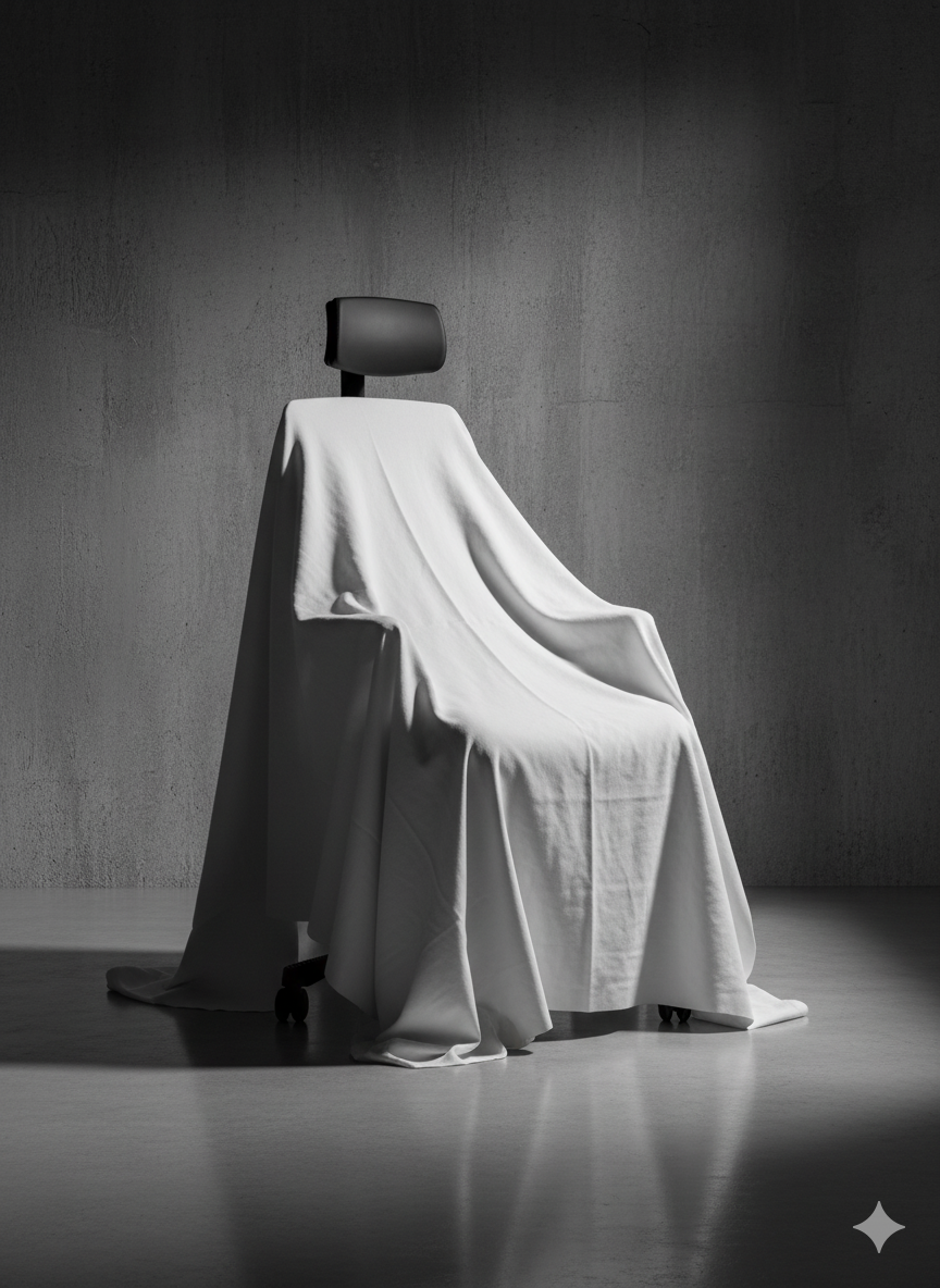 Ett tomt, vitt kontorsstol täckt med ett tygstycke, placerad mot en grå vägg.