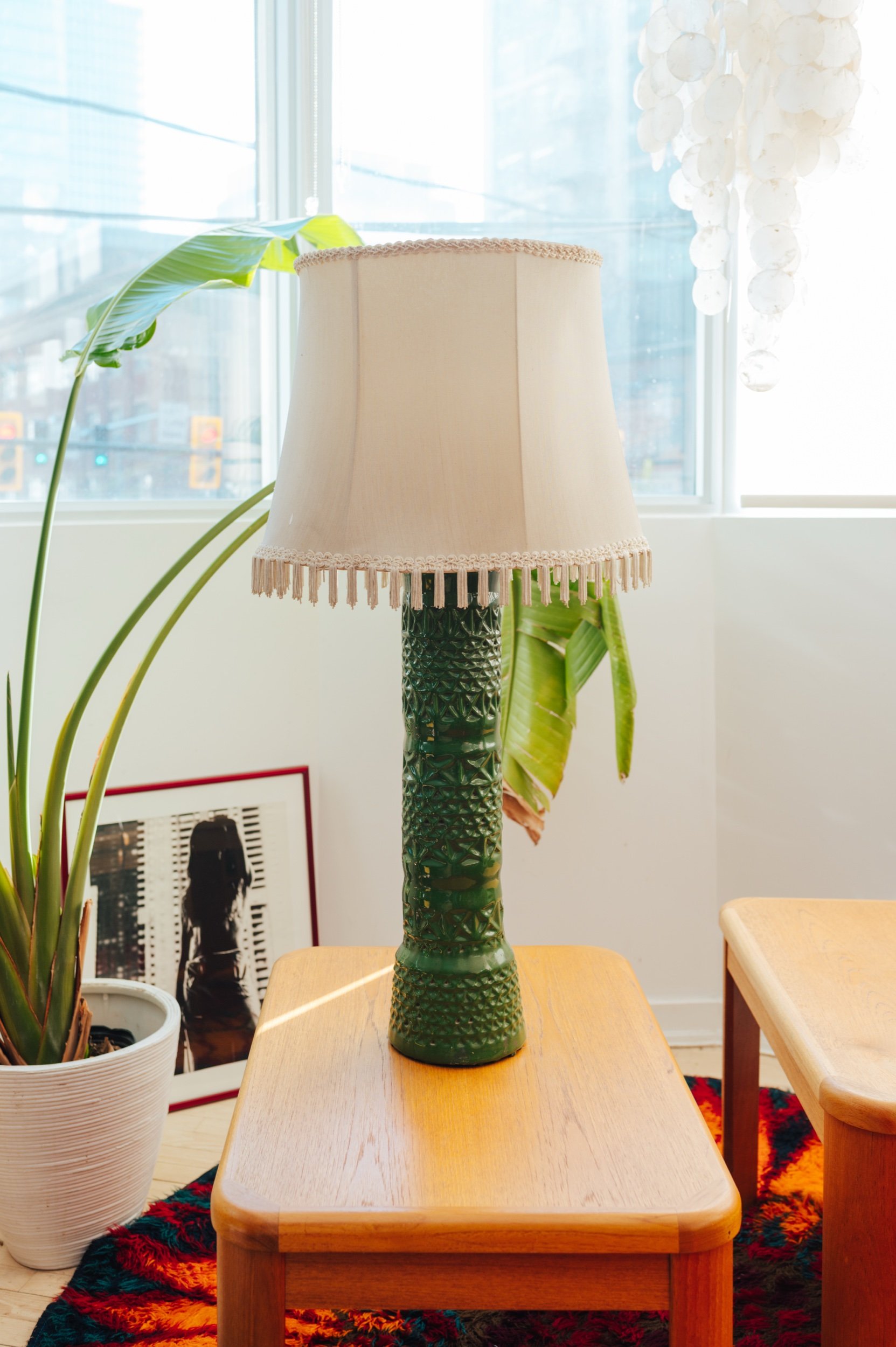 Oversized Midcentury-Style Green Porcelain Table Lamp with Fringe Shade