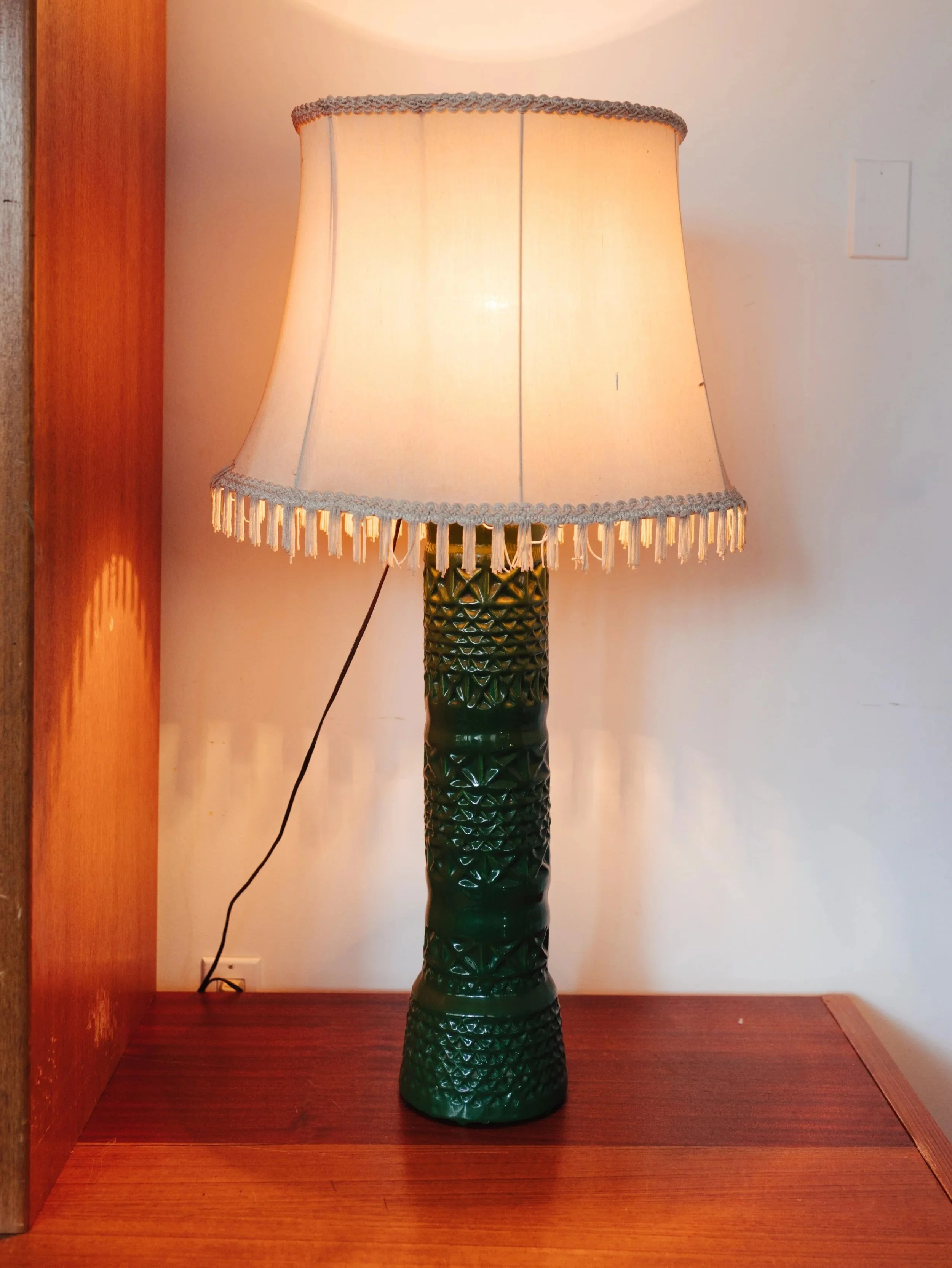 Oversized Midcentury-Style Green Porcelain Table Lamp with Fringe Shade