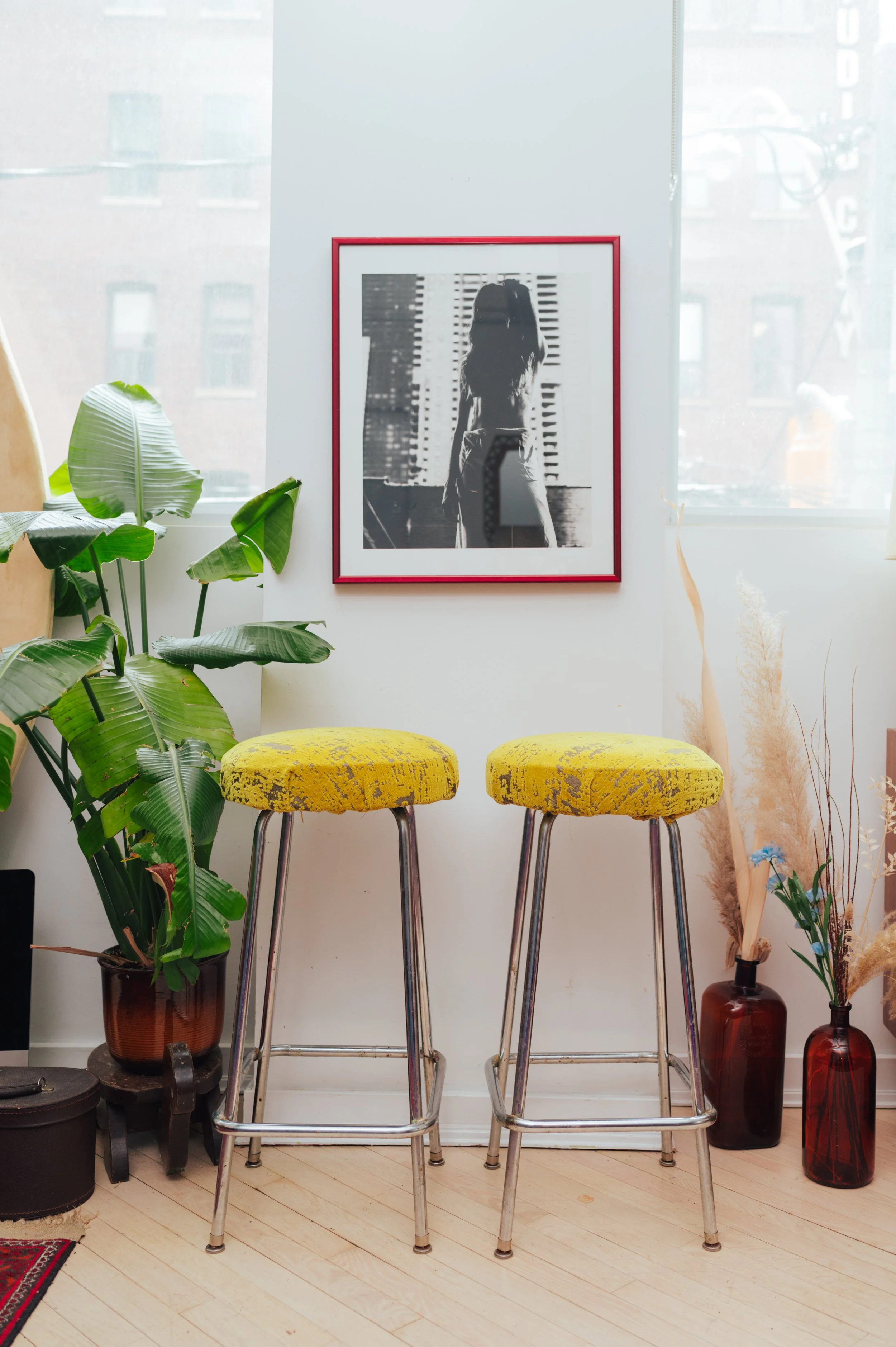 Sculpted Chrome Bar Stools with Distressed Mustard Upholstery (PAIR)