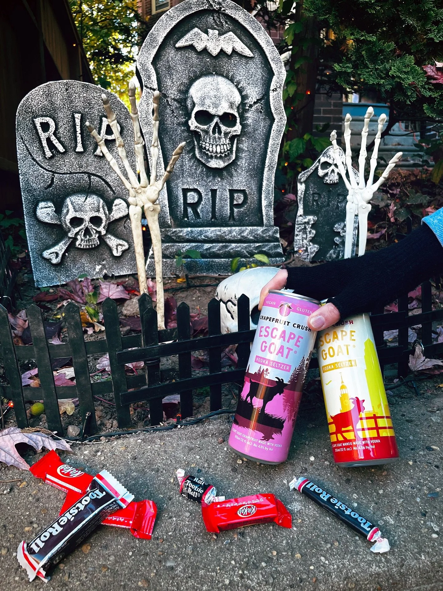 Halloween on the stoop, seltzer in hand. 🍬👻 Goats are the perfect treat between trick-or-treaters. #EscapeGoat