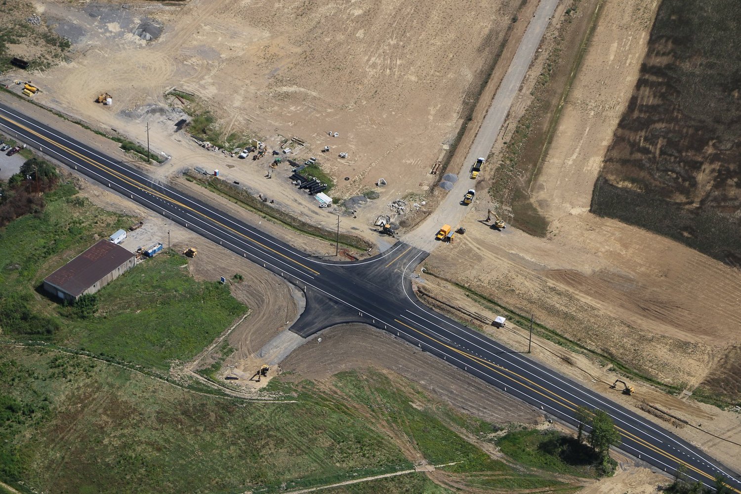 Drone aerial of Stonecrest Business Park construction in New Beaver, Pennsylvania, view 28.
