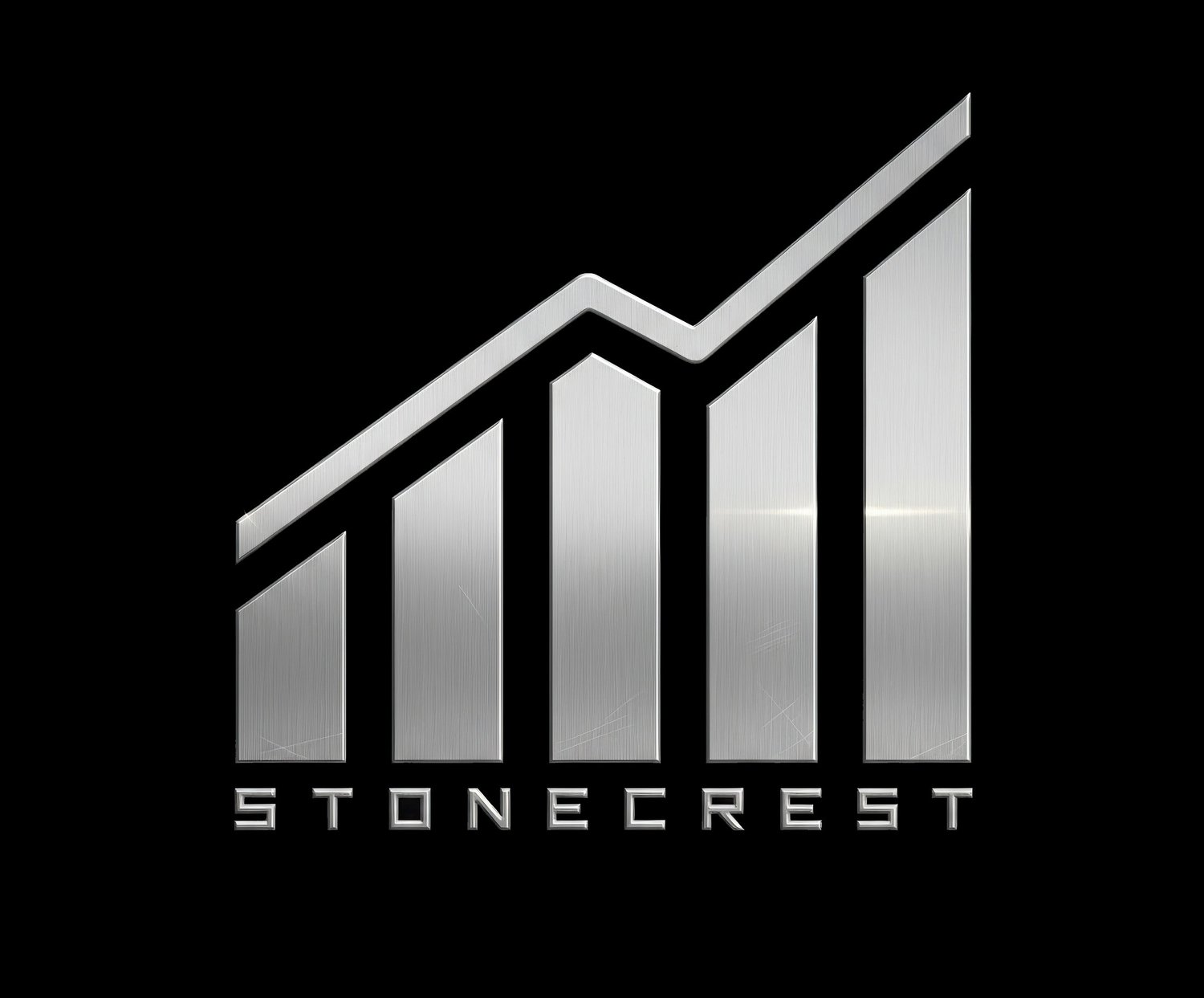 Stonecrest logo rendered in brushed stainless steel with beveled edges on a clean black background