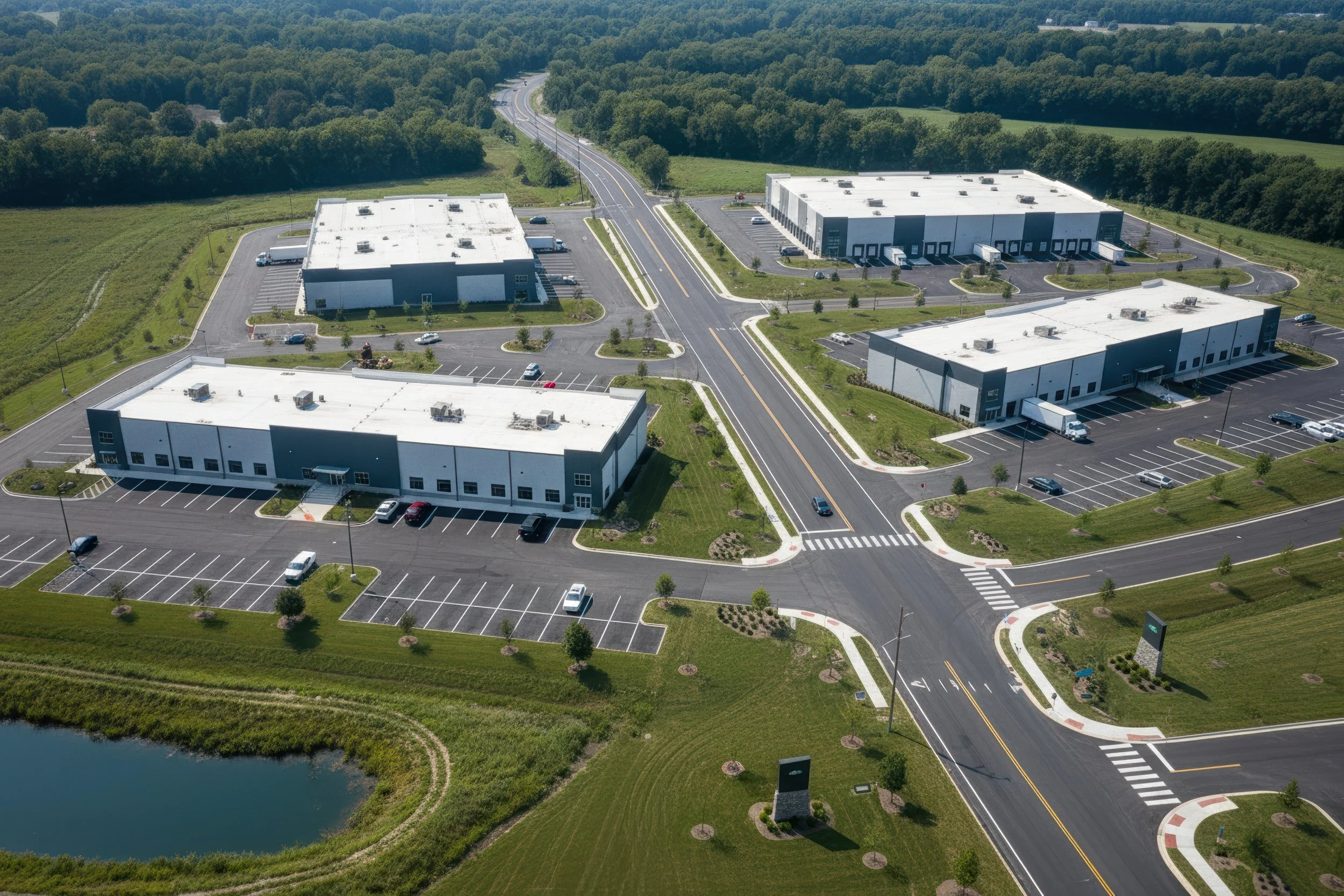Photo-real concept for Stonecrest Business Park in New Beaver, PA: multiple light-industrial/flex buildings, internal loop road, truck courts, striped parking, and landscaped stormwater ponds with direct PA-18 access—showing build-to-suit potential.