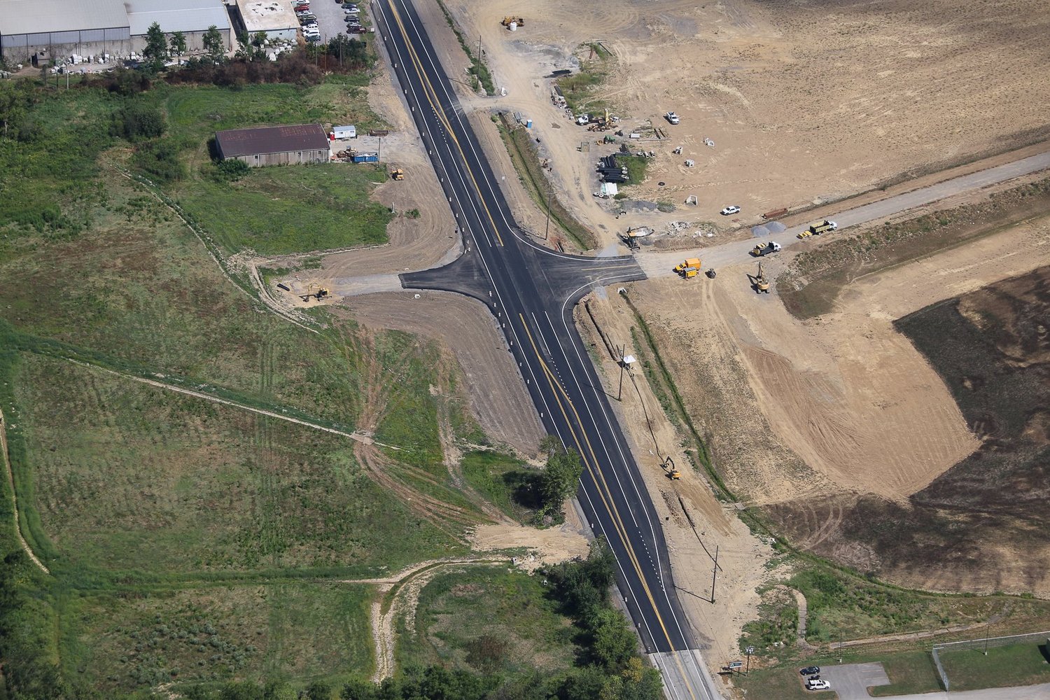 Drone aerial of Stonecrest Business Park construction in New Beaver, Pennsylvania, view 10.