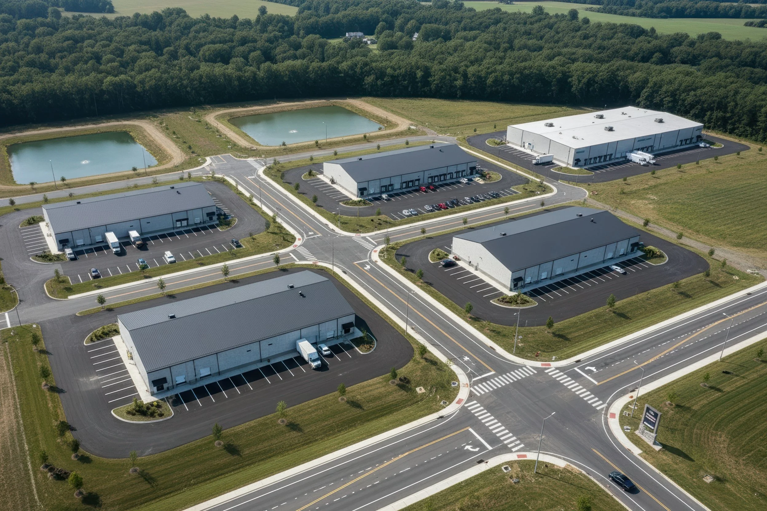 Photo-real concept for Stonecrest Business Park in New Beaver, PA: multiple light-industrial/flex buildings, internal loop road, truck courts, striped parking, and landscaped stormwater ponds with direct PA-18 access—showing build-to-suit potential.