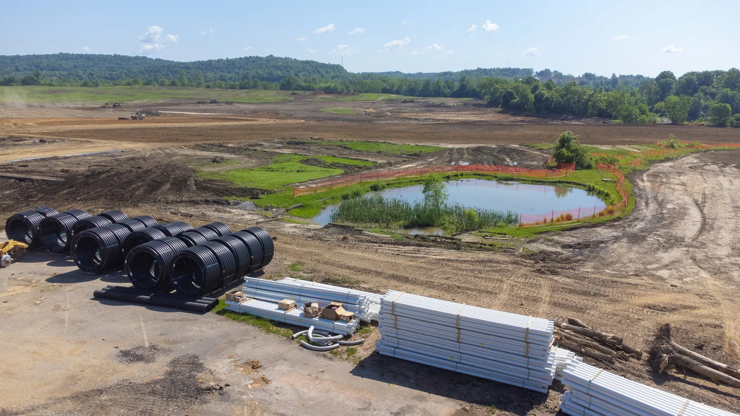 Drone aerial of Stonecrest Business Park construction in New Beaver, Pennsylvania, view 29.
