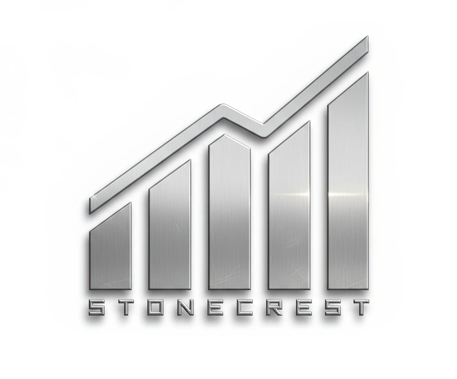 Stonecrest logo rendered in brushed stainless steel with beveled edges on a clean white background