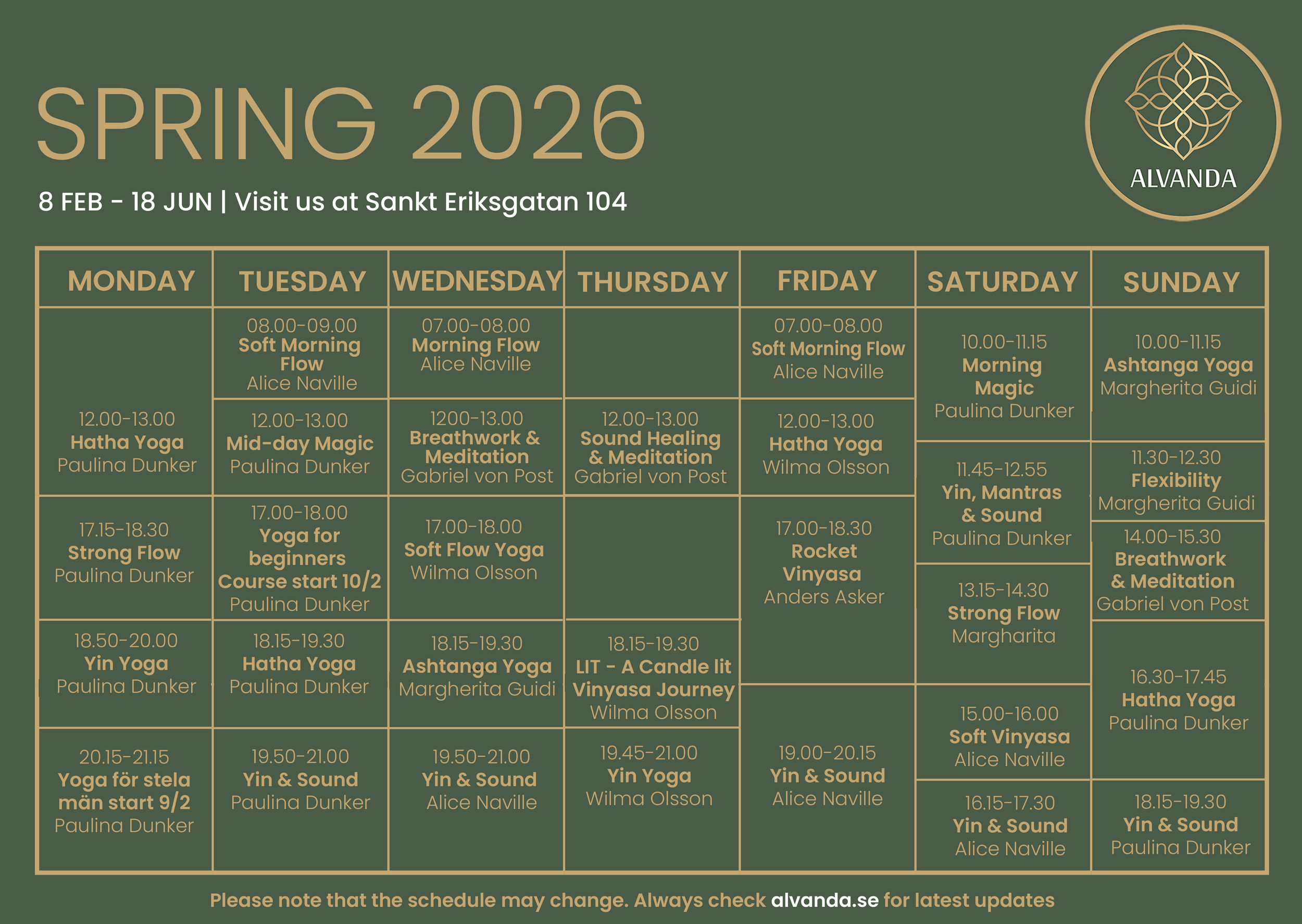 Schedule for Spring 2026 yoga classes at Alvanda, including class types, times, and instructors from February to June.