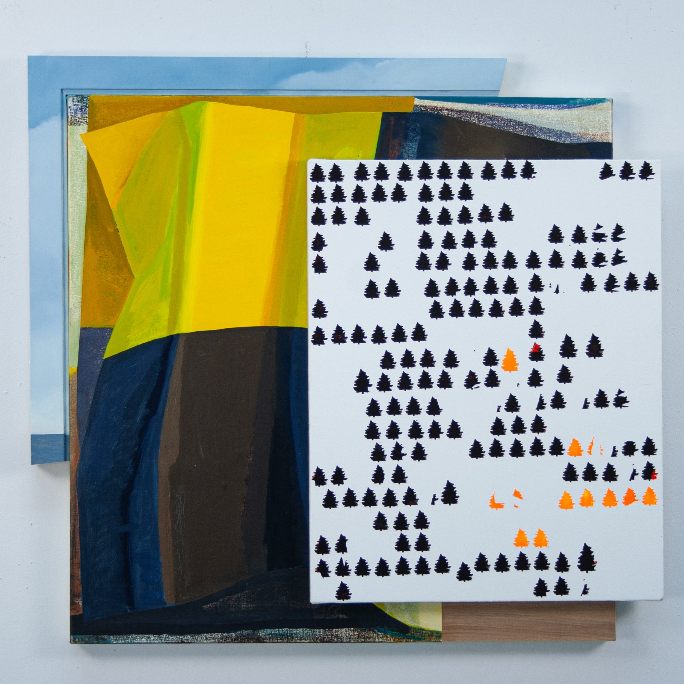 Steve Budington
stop, I want to communicate with you (signal flag and forest)
oil and fluorescent acrylic on canvas over wood panels, partial frame
24" x 26"
2022