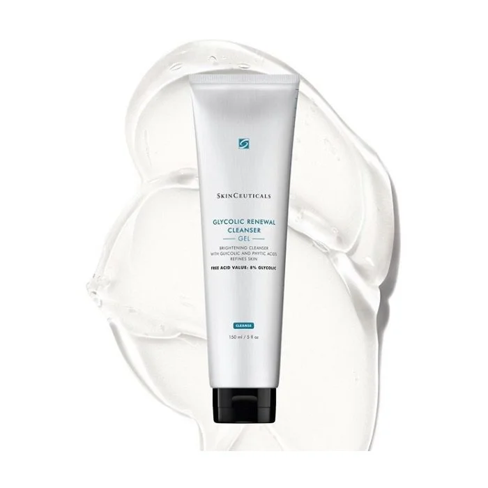 A tube of SkinCeuticals GlyCoc Renewal Cleanser Gel surrounded by a splash of clear gel.