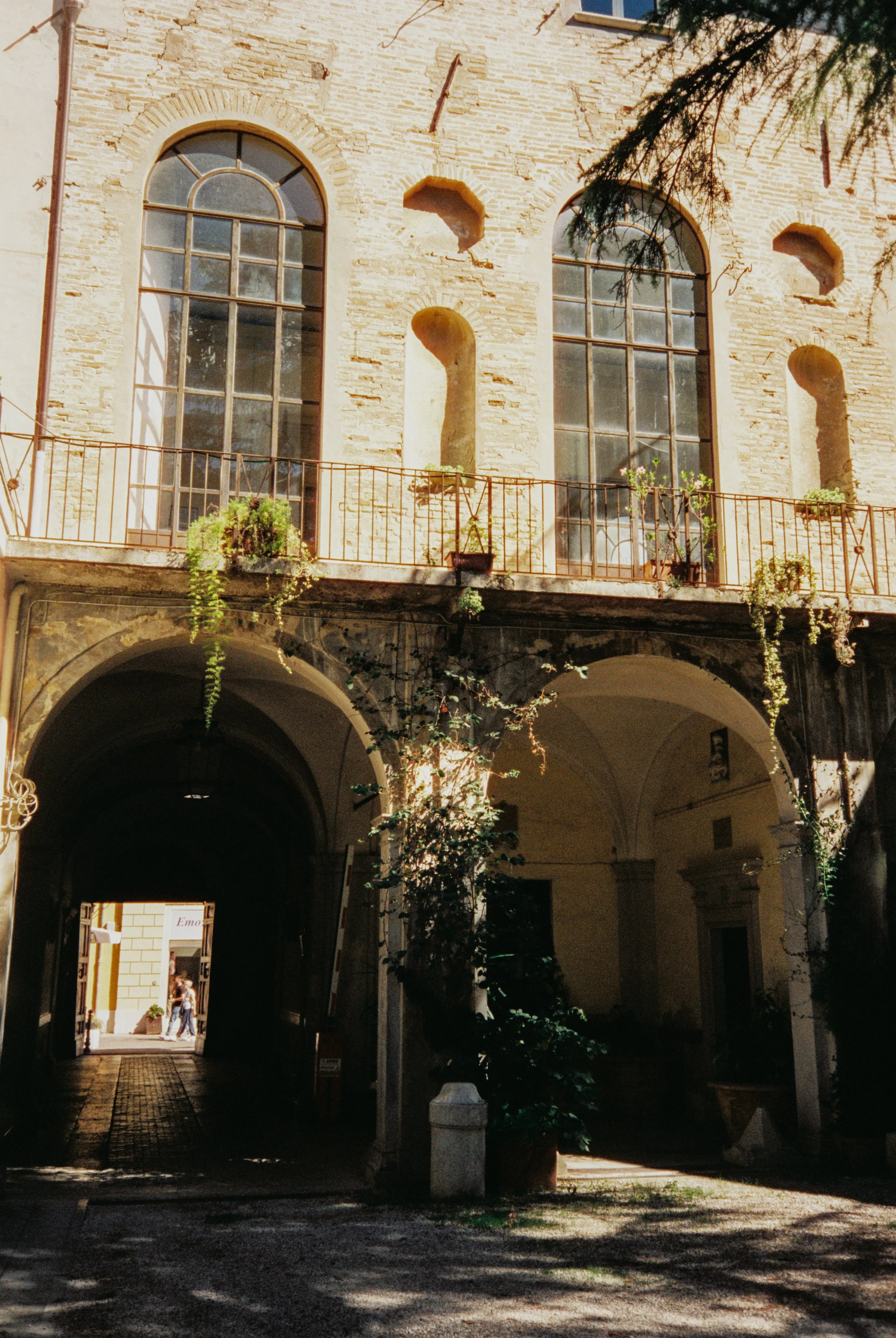 Alte Steinarchitektur mit großen Fenstern und balkon mit Pflanzen, lichtdurchflutet, Schatten im Vordergrund.