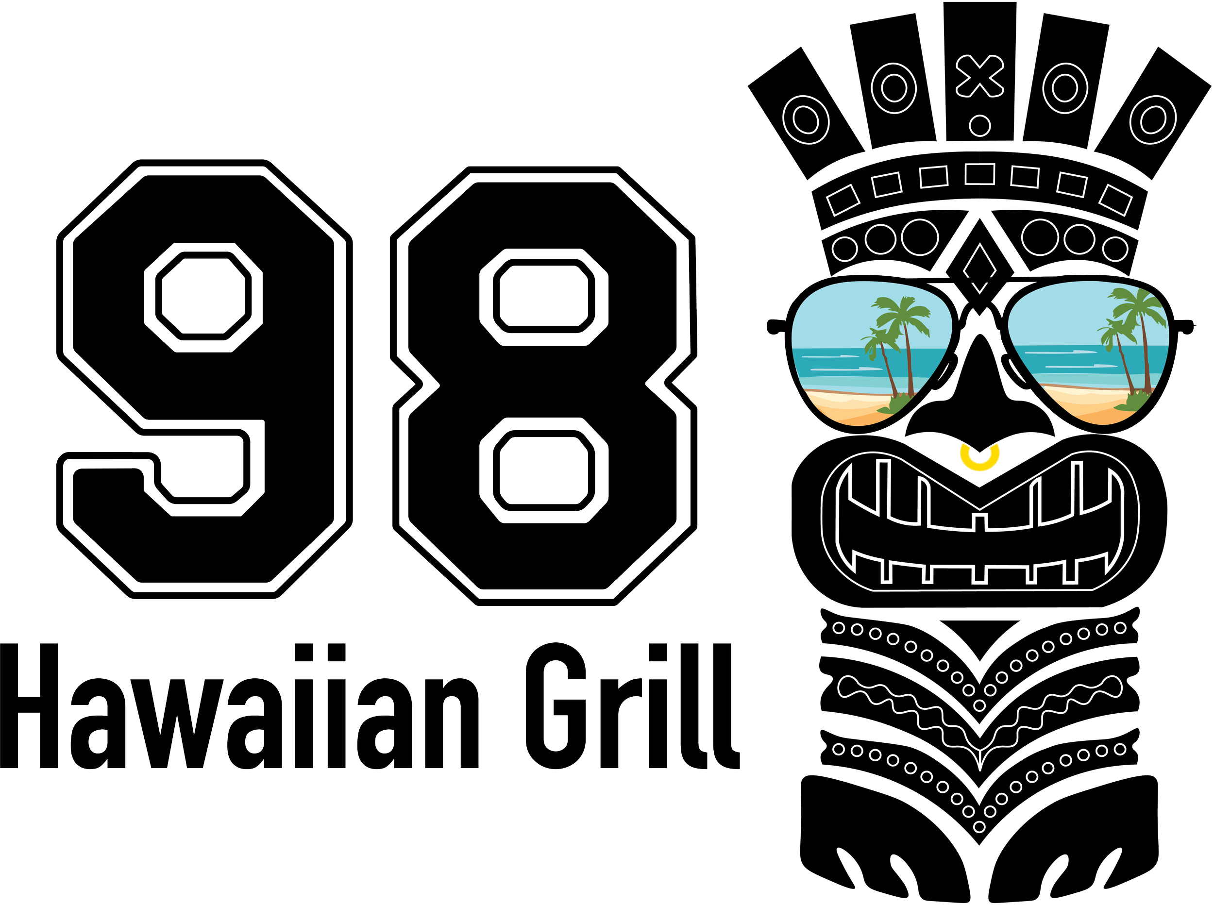 Logo featuring the number 98, text 'Hawaiian Grill,' and a tiki face with sunglasses reflecting a beach scene.