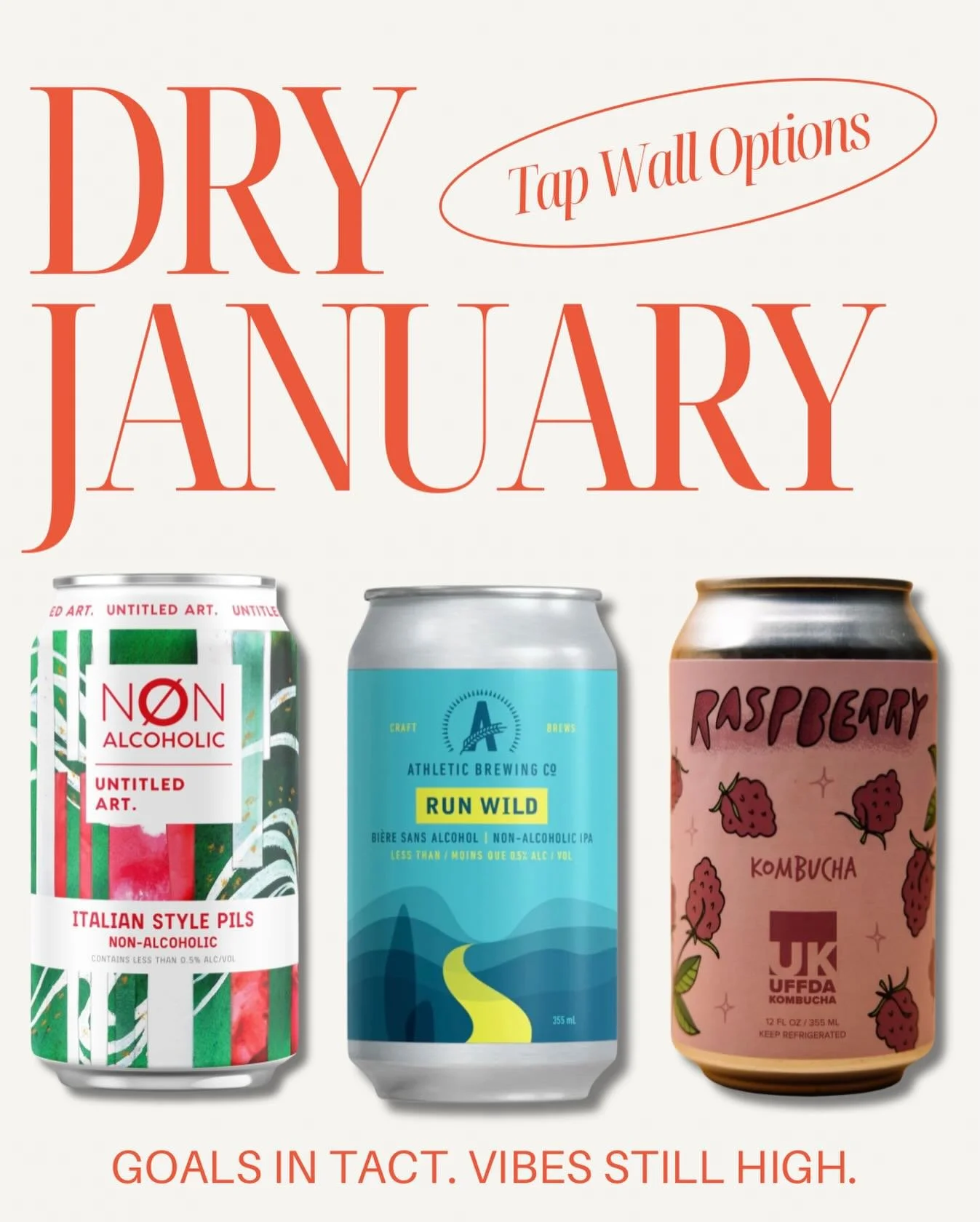 Dry January, but still a good time. 💪🎉

Sticking to your goals doesn&rsquo;t mean skipping the fun. We&rsquo;ve got NA options on tap that still feel like a treat:

🍺 Athletic Brewing Company &ndash; Run Wild IPA
🍺 Untitled Art &ndash; Italian Pi