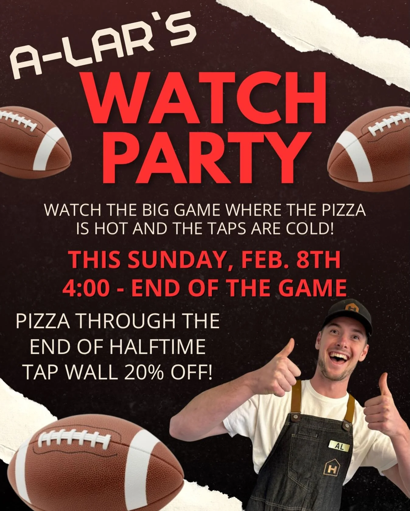 🍕🏈 A-Lar&rsquo;s got the place locked in for the big game this Sunday - hot pizza, cold taps, and all the action on the screens! Starts at 4, ends when the confetti drops. Who&rsquo;s in? #FireUp