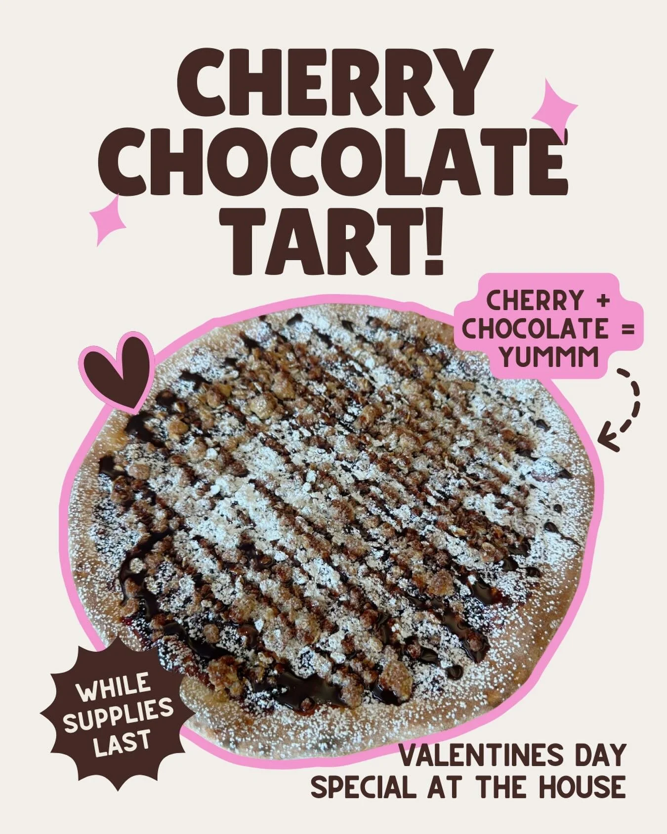 🍒🍫 Cherry Chocolate Tart!
A cherry tart base with oatmeal crumble, baked to perfection, then dusted with powdered sugar and drizzled with rich chocolate syrup.
Sweet, cozy, and made for Valentine&rsquo;s Day ❤️
Grab a slice while supplies last at T