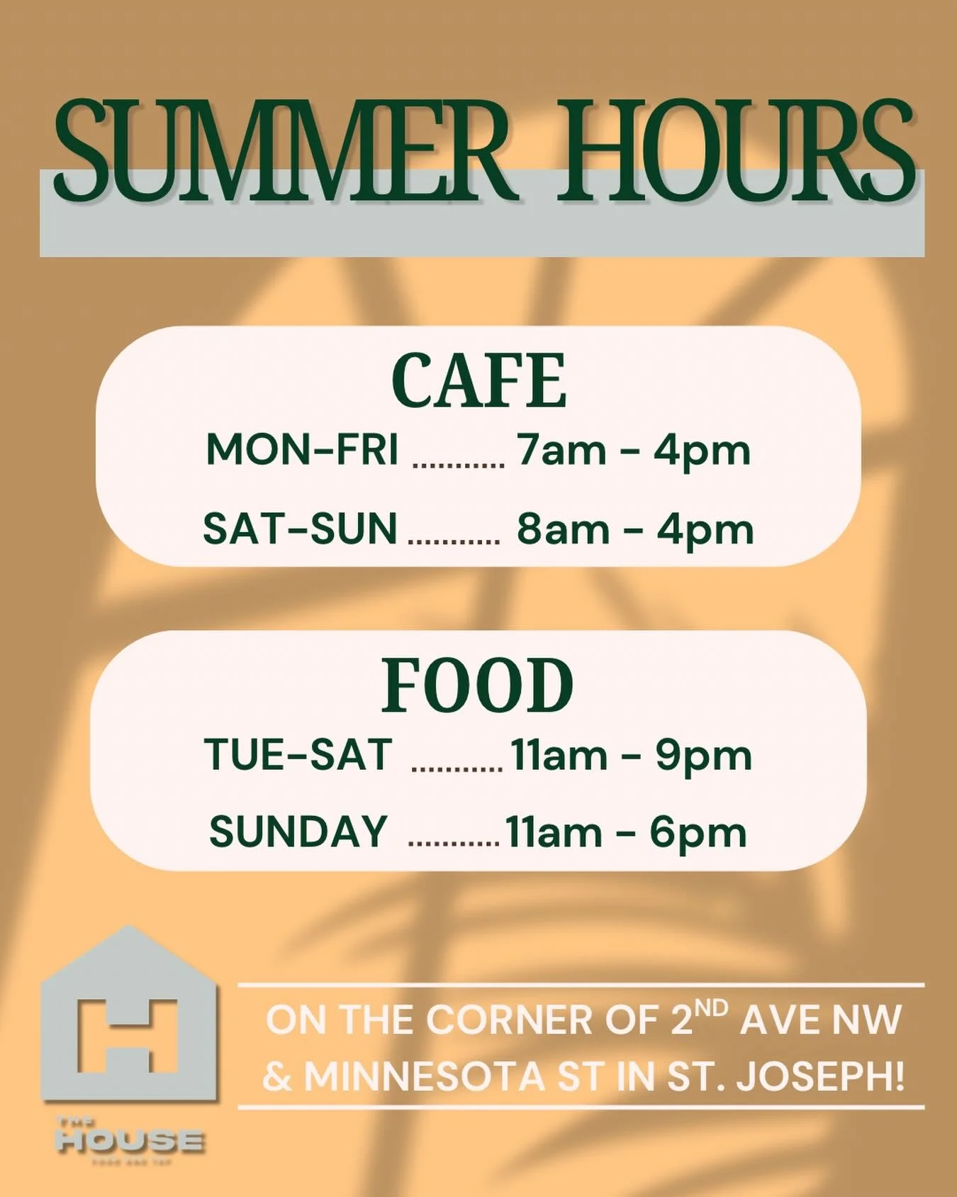 Effective immediately: summer hours in Joetown ☀️

Post-game bites, one-extra-hour coffee hangs, and now Sunday dinner at The House.

&bull; Weekday food &lsquo;til 9pm
&bull; Sundays open &lsquo;til 6pm for that after-the-lake crowd

From first sip 