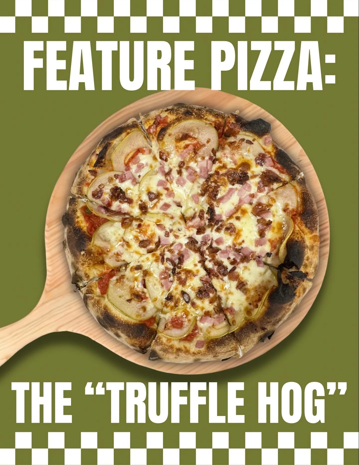 Feature Pizza Alert: The Truffle Hog

Sweet. Savory. A little fancy. A little wild.

Our newest creation layers pear, ham, bacon, and truffle honey on our brick oven crust for a combination that somehow makes perfect sense after the first bite.

It&r