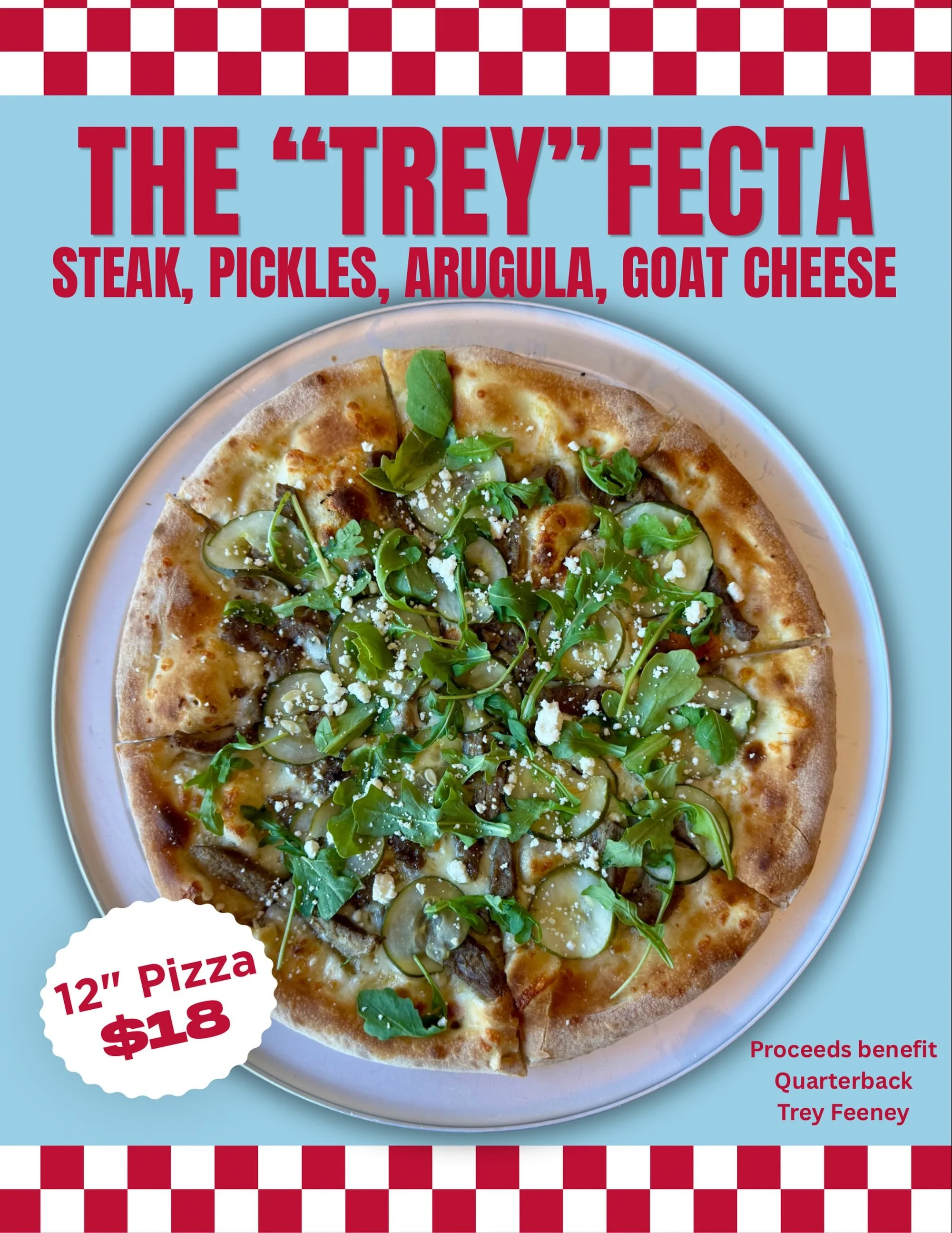 The &ldquo;Trey&rdquo;fecta is officially a thing. 🍕

Steak, pickles, arugula, and goat cheese. An unexpected lineup that just WORKS. 🔥

Grab this 12&rdquo; specialty pizza for $18 and support quarterback Trey Feeney with every order.

Good pizza. 